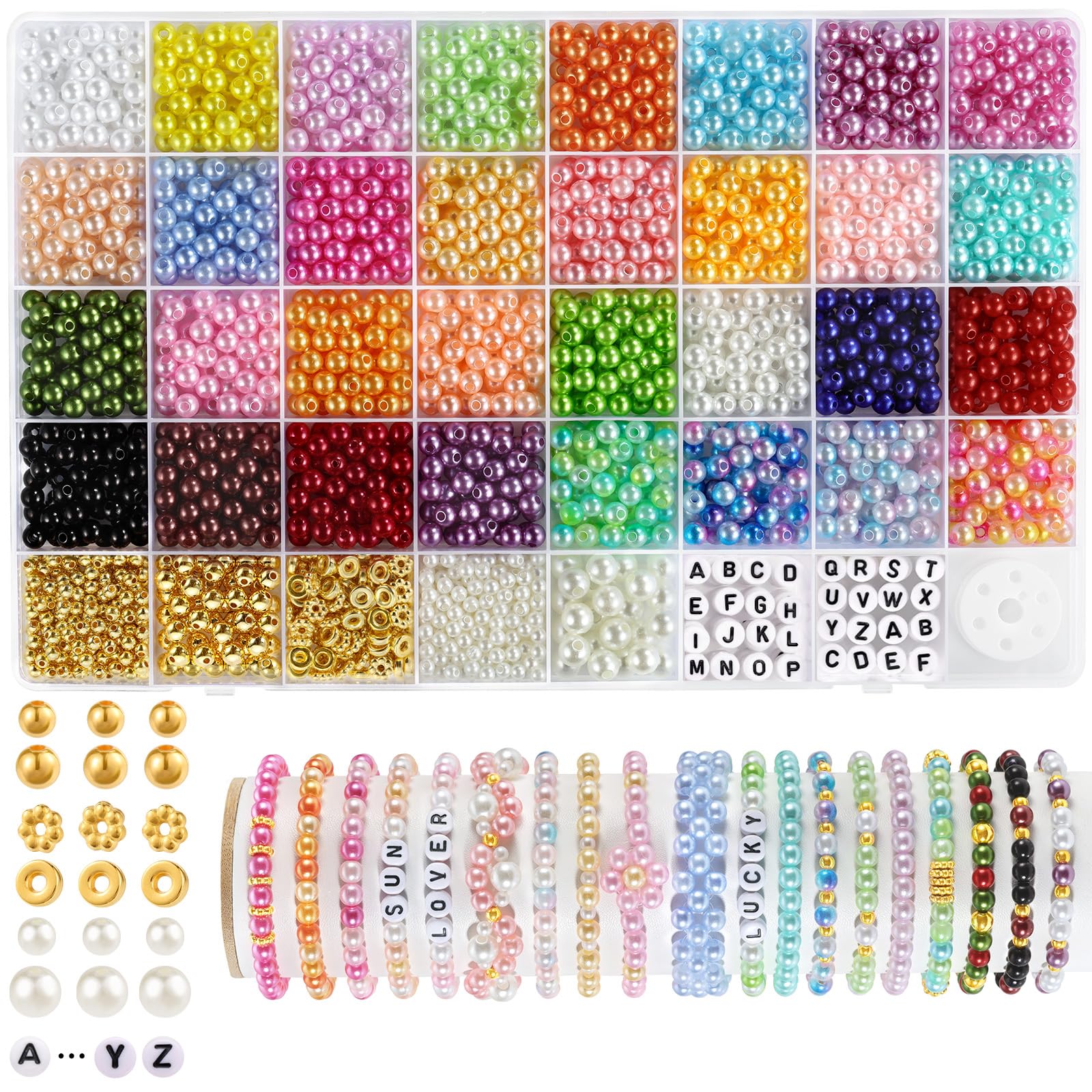 Funtopia 2085pcs Pearl Beads, 32 Colors Colorful Round Beads for Bracelets, Pearl Bead for Jewelry Making, Bracelet Making Kit with Gold Spacer Letter Bead for Crafting Bracelet Necklace Earrings DIY 3.Multicolored