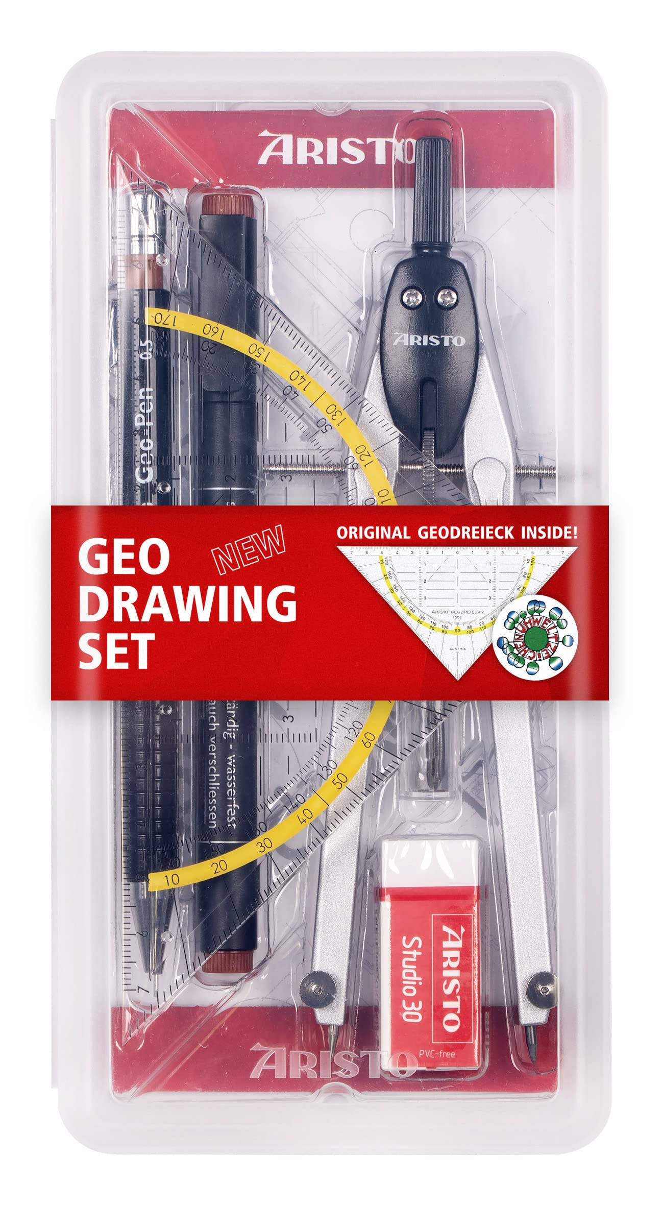 Aristo AR80090 Geo Drawing Set 6 Pieces (Compass, Mechanical Pencil Including Replacement Leads 0.5 mm, Pigment Liner 0.5 mm, Black, Eraser, Replacement Compass Leads) Silver-Black