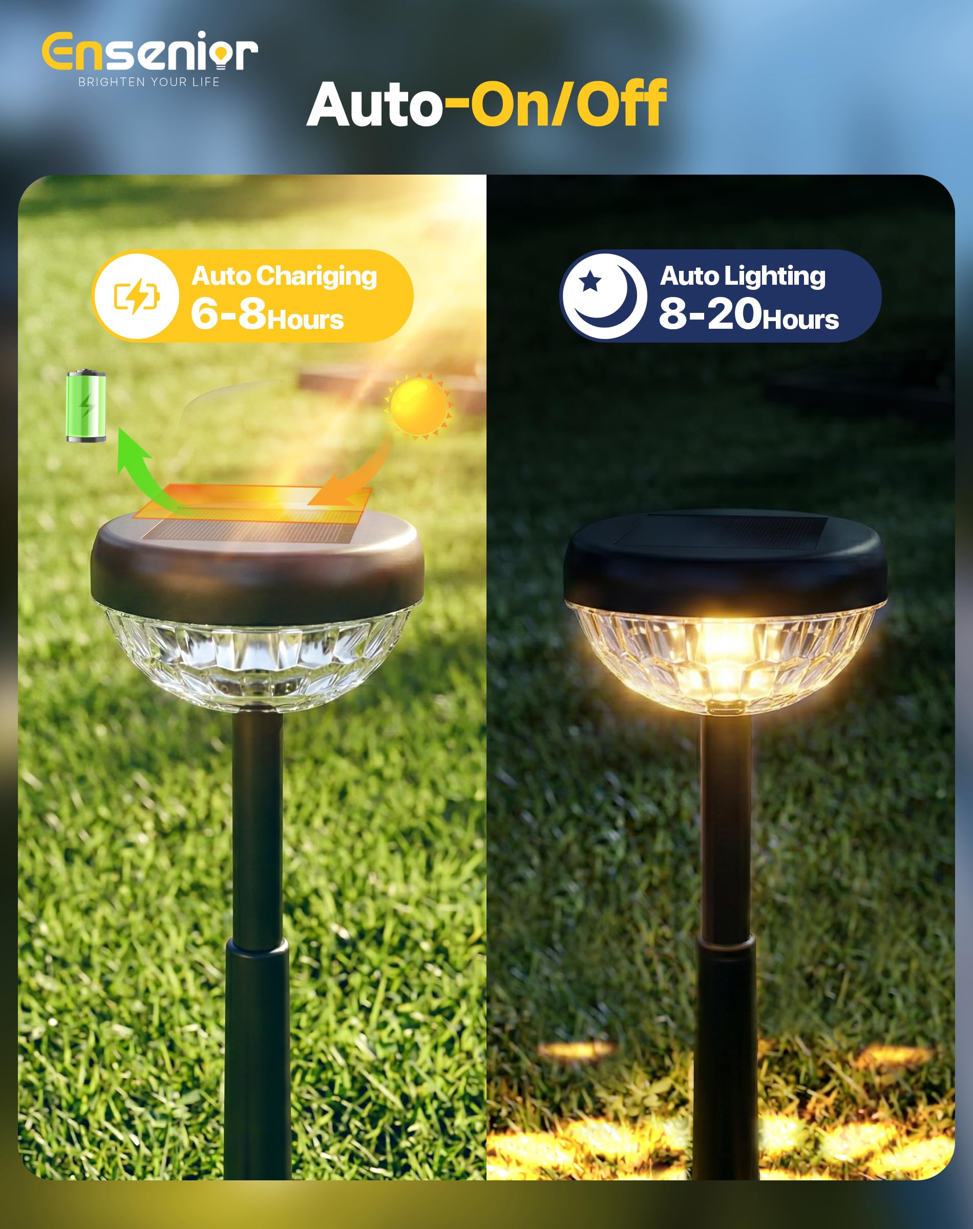 Ensenior 8er-Pack Solarleuchten für den Außenbereich, Auto ON/OFF 3000K LED Solar Gartenleuchten für Weg, Hof, Terrasse, Gehweg, Blumenbeet, wasserdicht, energieeffiziente Landschaftsbeleuchtung