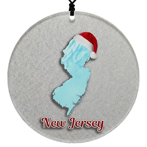 New Jersey Christmas Ornament - Winter Theme Featuring Snow, State Terrain Map and Santa Cap - 2024 Acrylic Tree Decoration - Holiday Gift and Home
