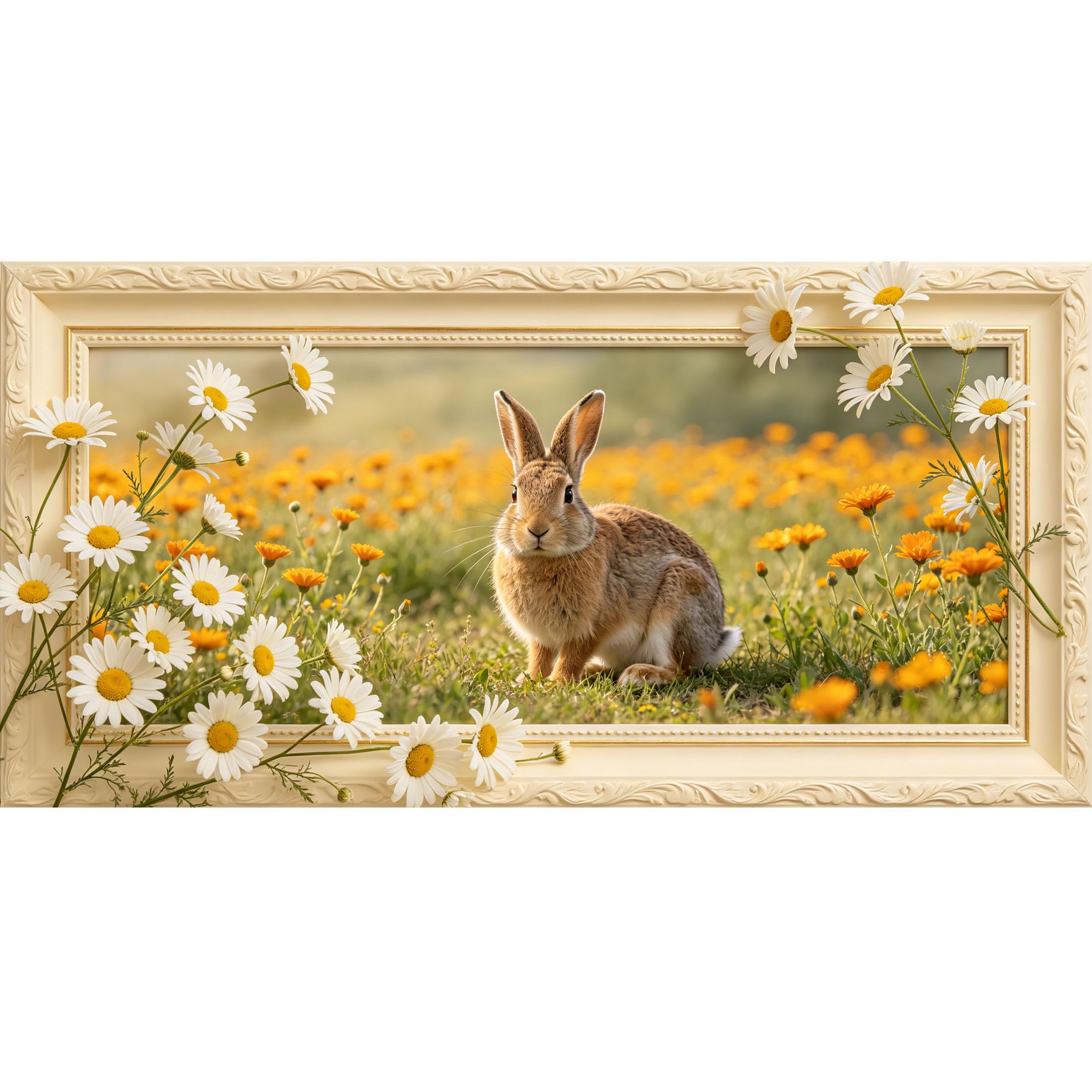 Agglomerix 3D Framed Wall Art Rabbit in Daisy Meadow Botanical Landscape Large Size Self-Adhesive Removable Wall Decor Prints Artwork for Living Room Bedroom Office