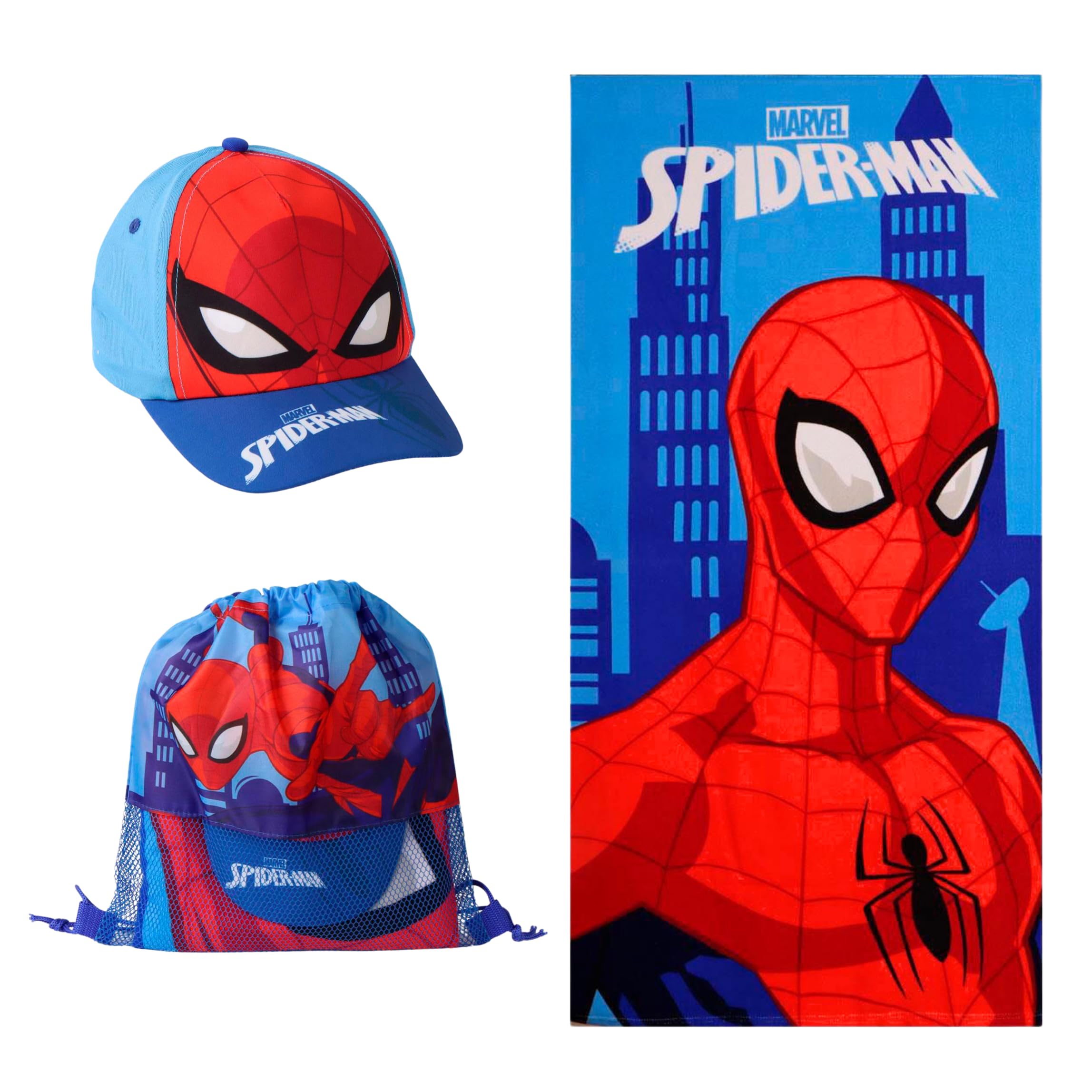 Marvel Spider-Man Set Composto da Cappellino da Baseball, Asciugamano e Zainetto con Coulisse, 3 Pezzi per Bambino, Regalo Estivo per Spiaggia, Piscina e Gite