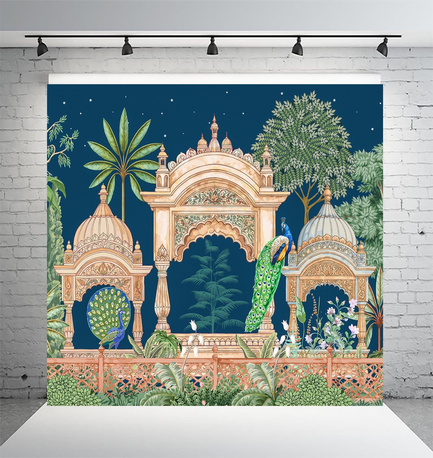 Dhara Gate Pichwai Mural Art Printed (8FT-8FT) Backdrop Cloth for Pooja Decoration Traditional Background Curtain Cloth for Festival. (Washable Fabric)