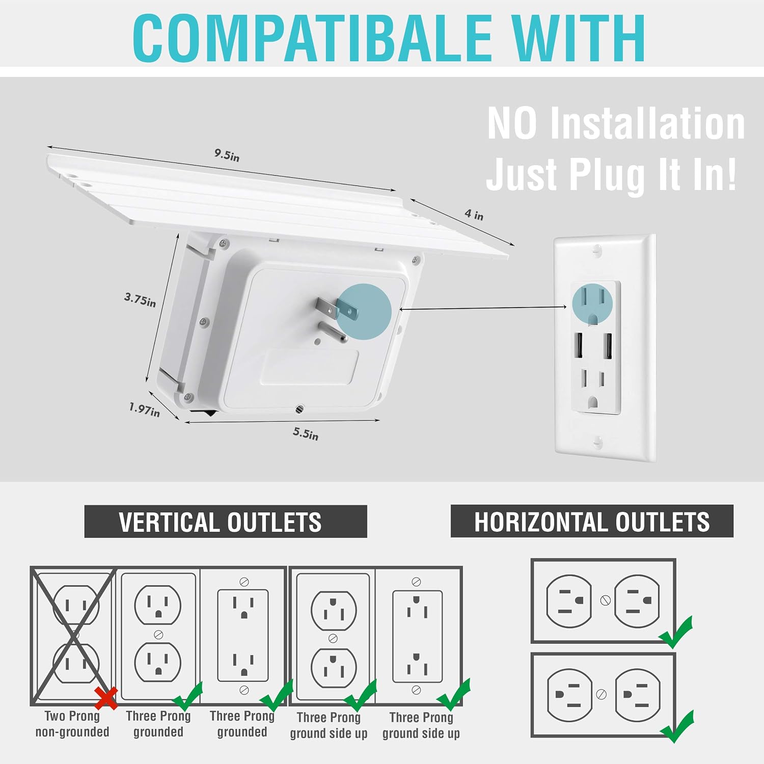 Socket Outlet Shelf, TROPICALTREE Surge Protector Electrical Outlet Extender 3AC Outlets 3 USB Ports, Multi Plug Outlet with Night Light for Bathroom, Kitchen, home