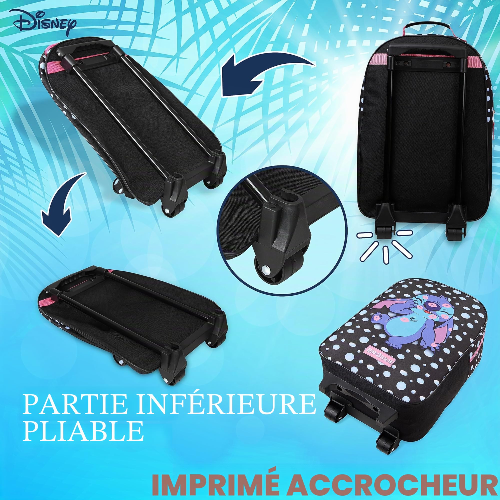 Disney Valise Enfant Fille Valise Stitch Minnie Elsa Reine des Neiges Petite Valise Souple roulettes Pliables Trolley Bag Bagages Enfant Voyage Cabine Sac Trolley Enfant (Noir Stitch)