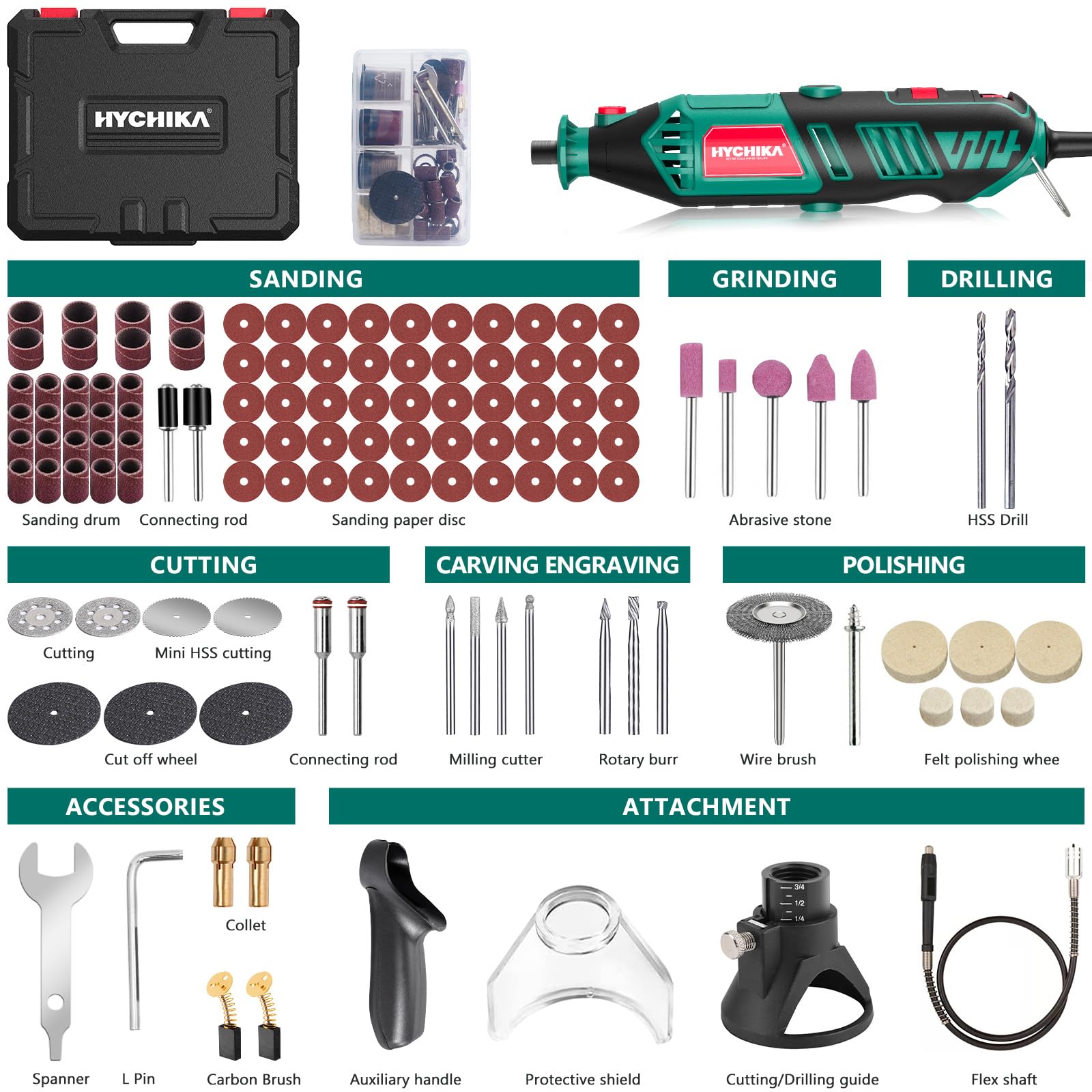 HYCHIKA 180 W Utensili rotanti, set di utensili rotanti con mandrino a sgancio rapido MultiPro e codolo flessibile