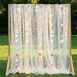 8 peças de cortina de tule branco com guirlandas de flores para pendurar, 3,5 x 2,8 m, cortinas de pano de fundo transparente, decorações para pendurar flores rosas artificiais para