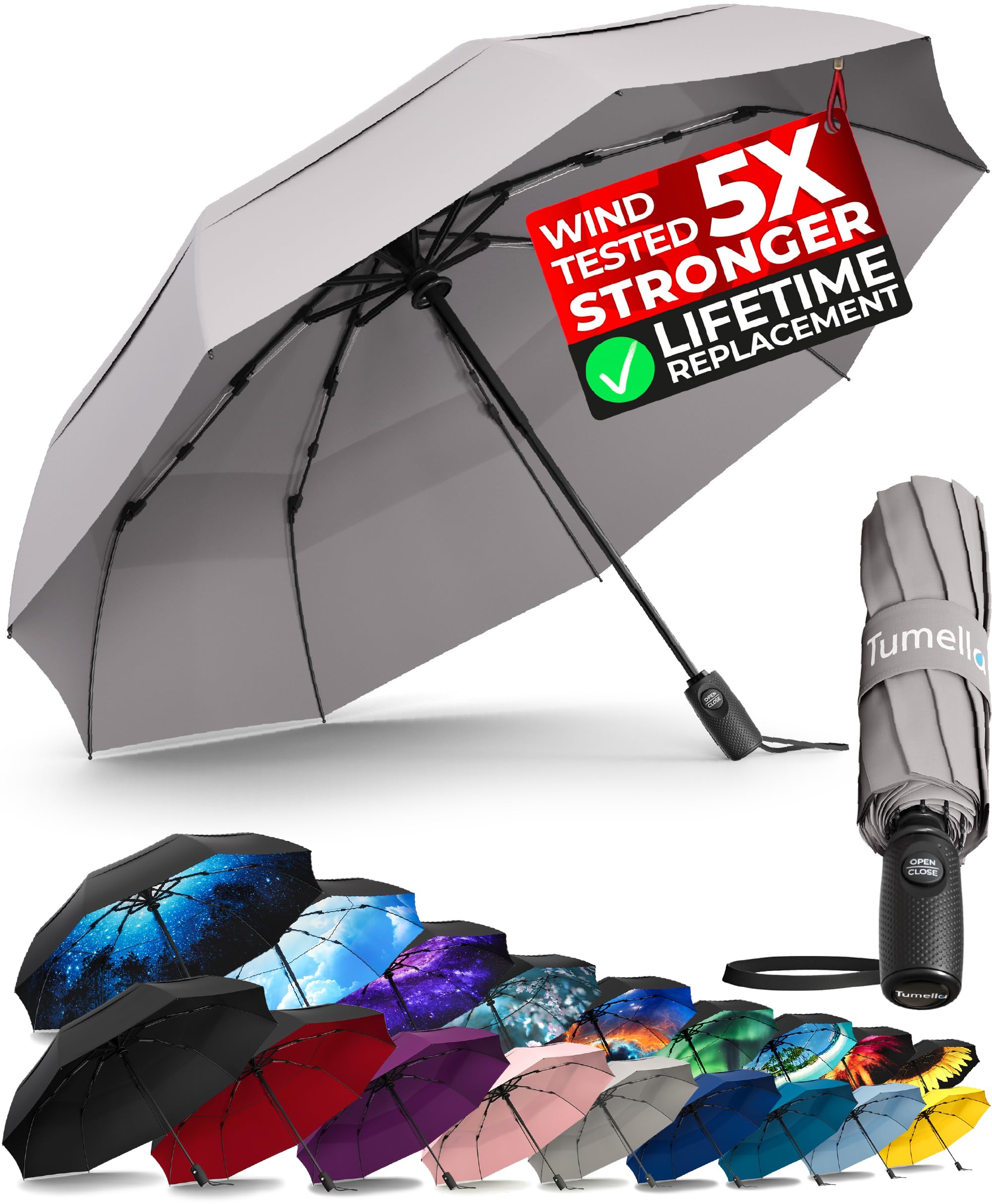 TUMELLA Strongest Windproof Travel Umbrella (Compact, 100MPH Wind-Tested), Light, Portable, One-Handed Use, Automatic Folding Rain Umbrella, Durable, Premium Grip, Fits Car &amp; Backpack