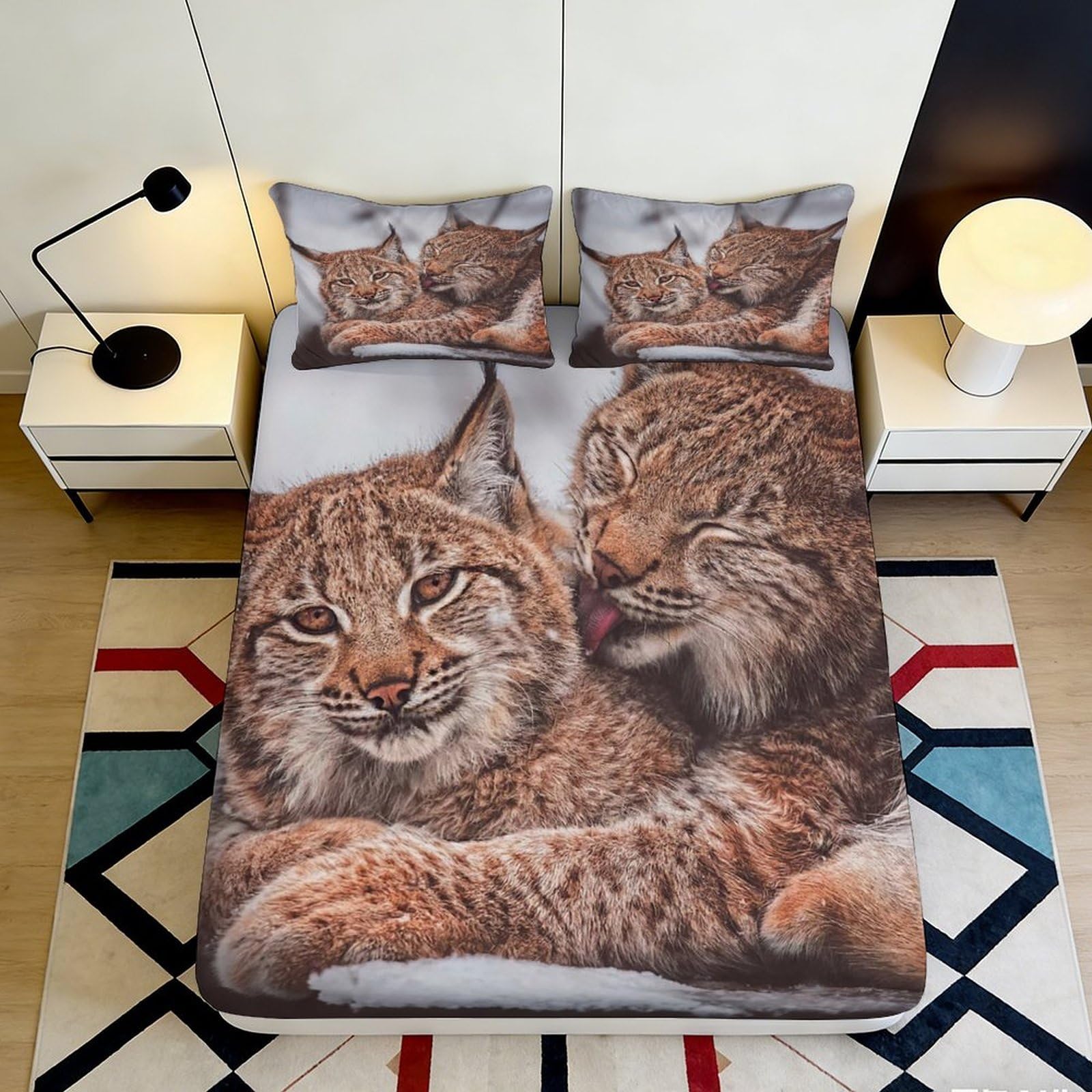 3D Printed Lynx Animal Fitted Sheet Microfiber Soft Breathable Wild Cat Bed Cover for Bedroom Dormitory Guest Room Mattress Protection Decor 160x200x25cm