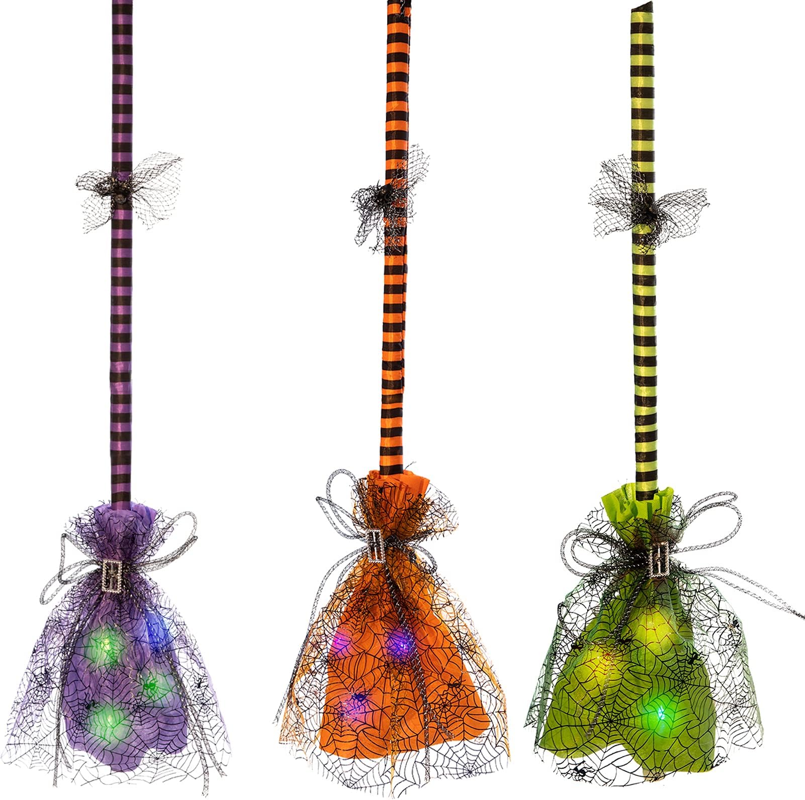 HOLLO STAR 3 Pack Halloween Light Up Hanging Witch Broom, Mesh and Plastic Broomstick Decorations for Cosplay Party Props Decor Costume Decoration, Green Orange Purple