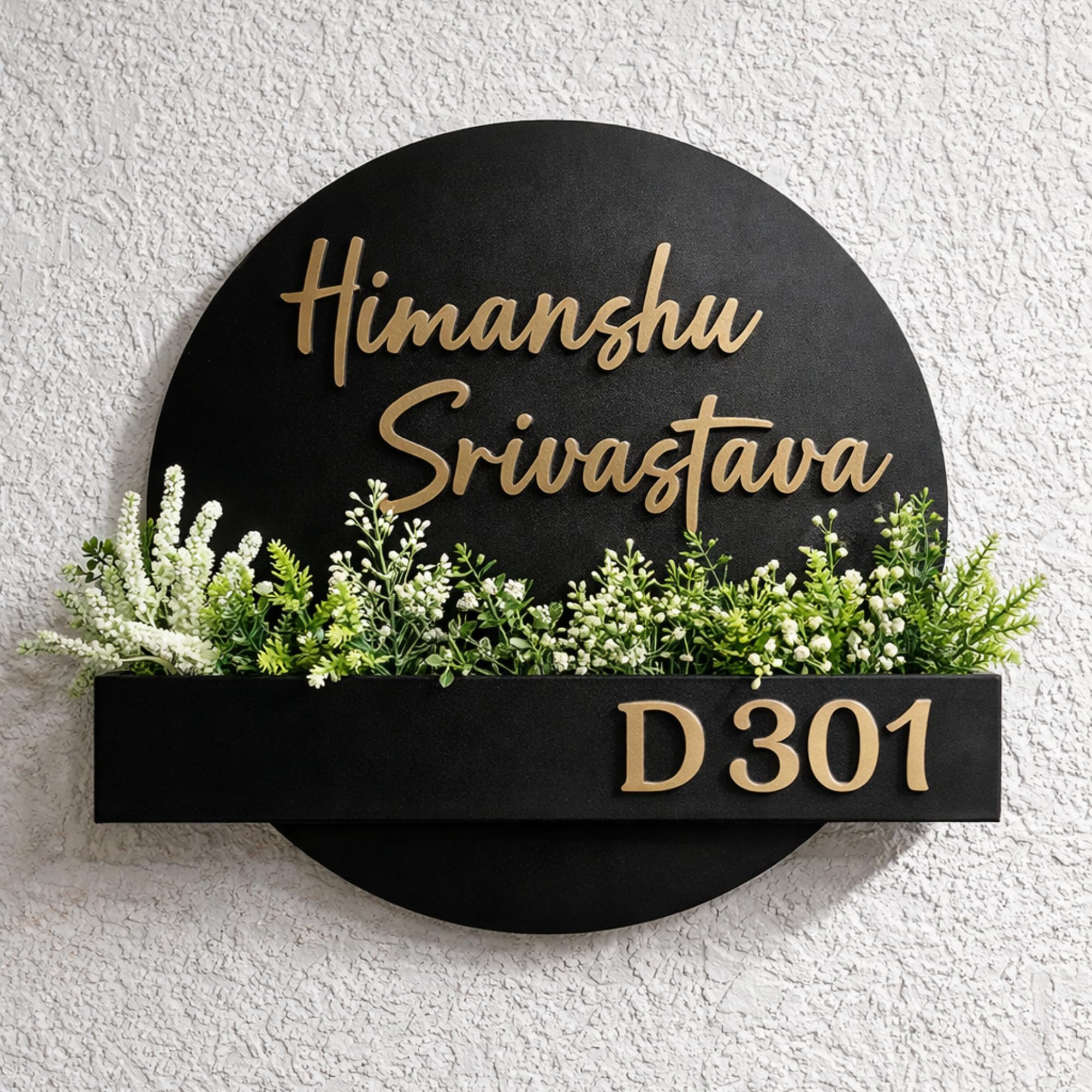 Custom Acrylic Name Plate with Mini Plant Holder | Personalized Elegant Door Name Plate with Golden gloss Acrylic Embossed Laser Cut Letters | Customized Name Plate with Planter Box (Plants not Included) (12 Inch) (Black 1)-image-24
