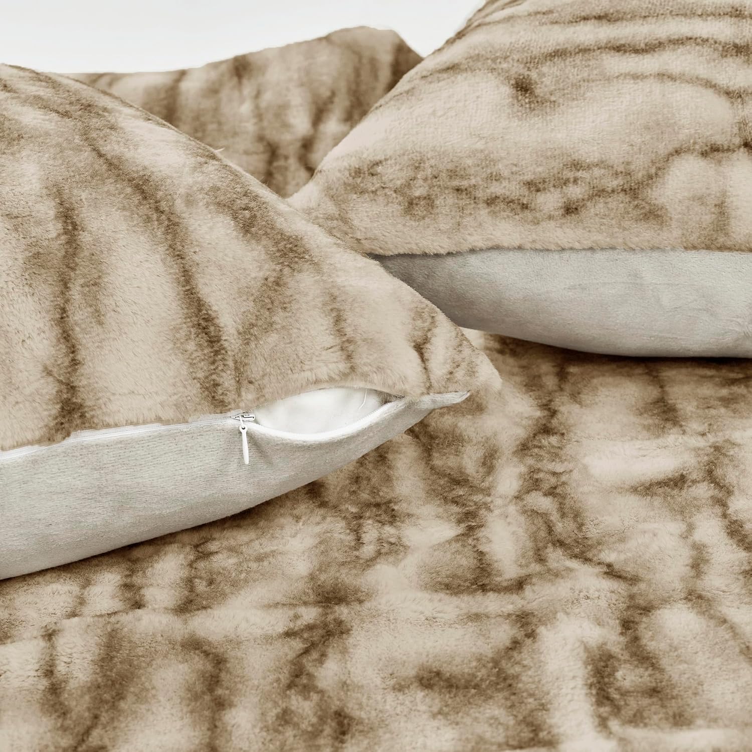 Brown Striped Luxury Faux Fur 50" x 60" Plush Throw Blanket with Two 20" x 20" Pillow Covers (NO INSERTS) 3 Pcs Set, Soft Fuzzy Furry Throw & Cushion Covers with Velvet Back for Couch Bed Chair