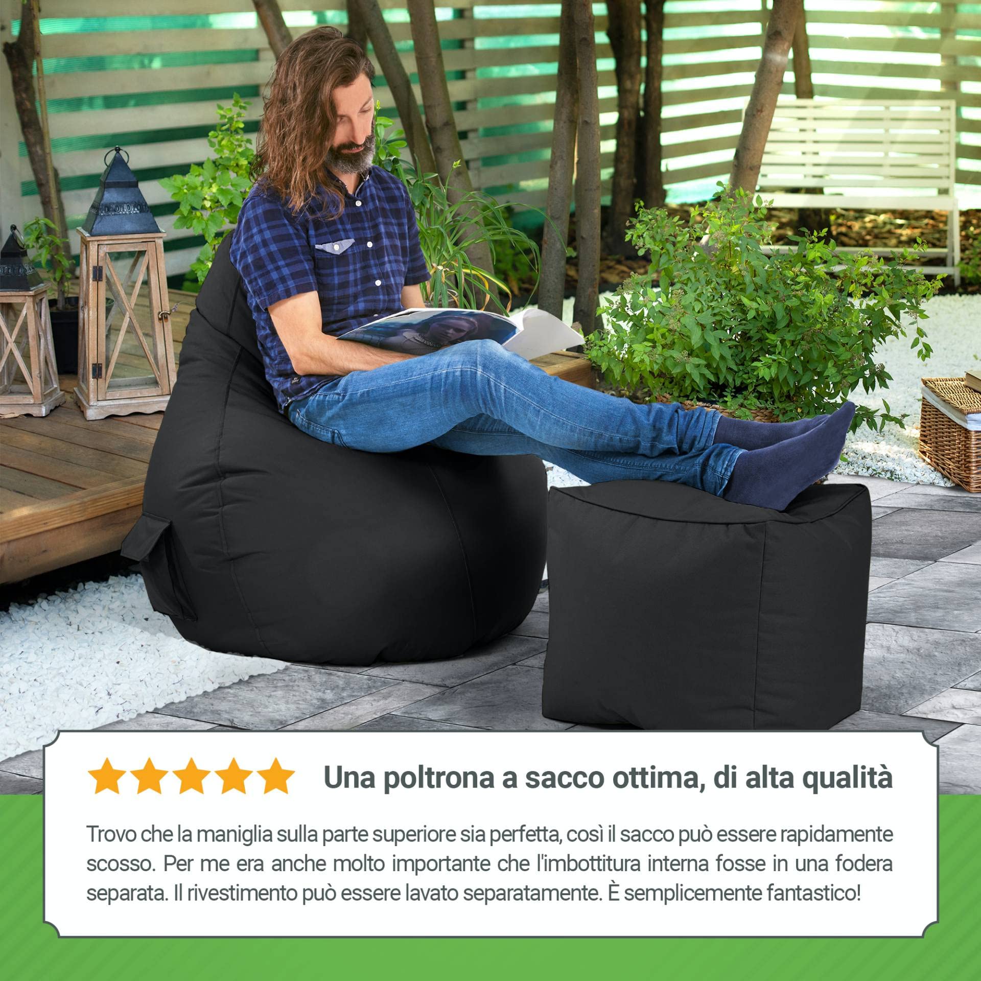 Green Bean© Poltrona a sacco con schienale 80x70x90cm - Sedia Gaming 230 litri di imbottitura accogliente, morbida, e lavabile - Cuscino pavimento Pouf Sgabello Poltrona da gioco Relax Nero