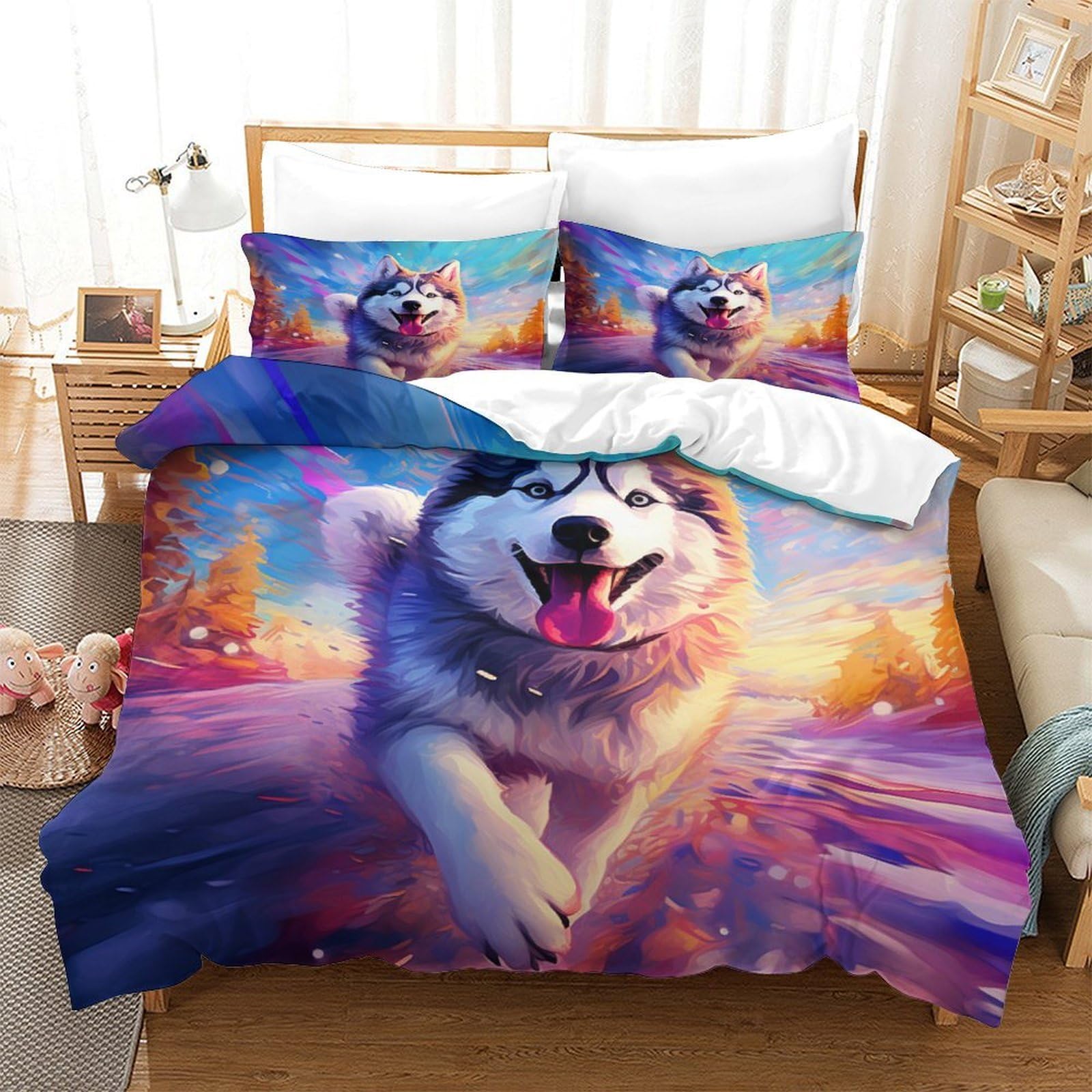 SkyClouf Husky Three-dimensional Printing Bedding Comforter Set Husky Bed Cover Ultra-fine Fiber Encased with Zipper Plush And Low-maintenance Double（200x200cm）