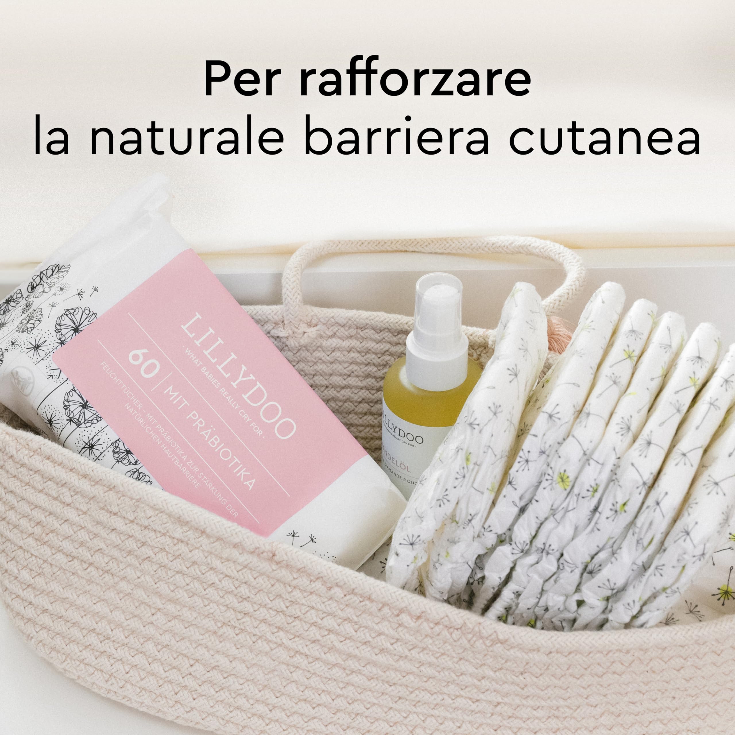 LILLYDOO Salviettine con Prebiotici 300 pezzi (5x60) Extra delicate senza profumi tessuto senza plastica
