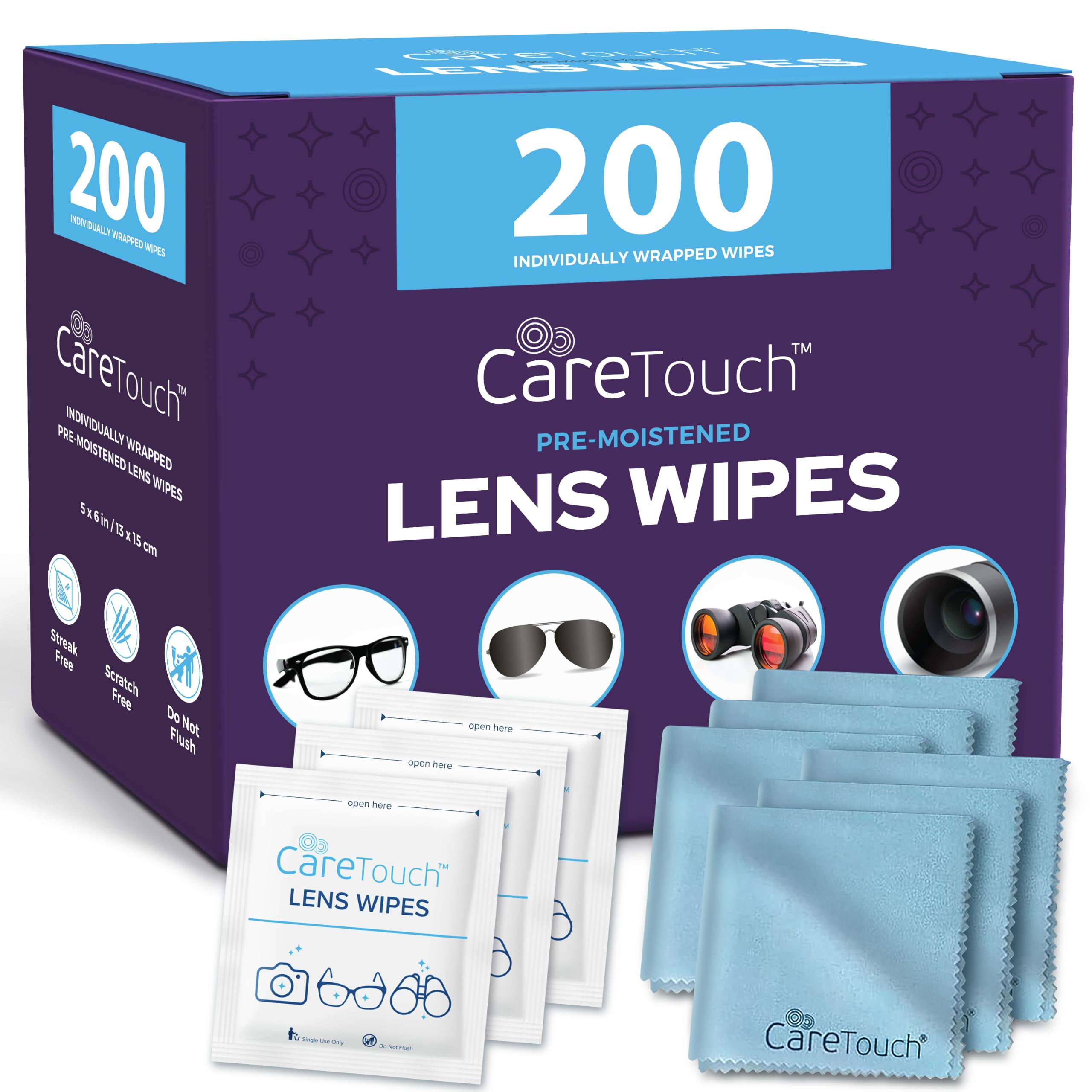 Care Touch Lens Cleaning Wipes with Microfiber Cloths - 200 Lens Wipes for Eyeglasses &amp; 6 Microfiber Cloths - Glasses, Camera Lenses, Screens, Eye Glasses Cleaner for Cleaning Eyeglasses