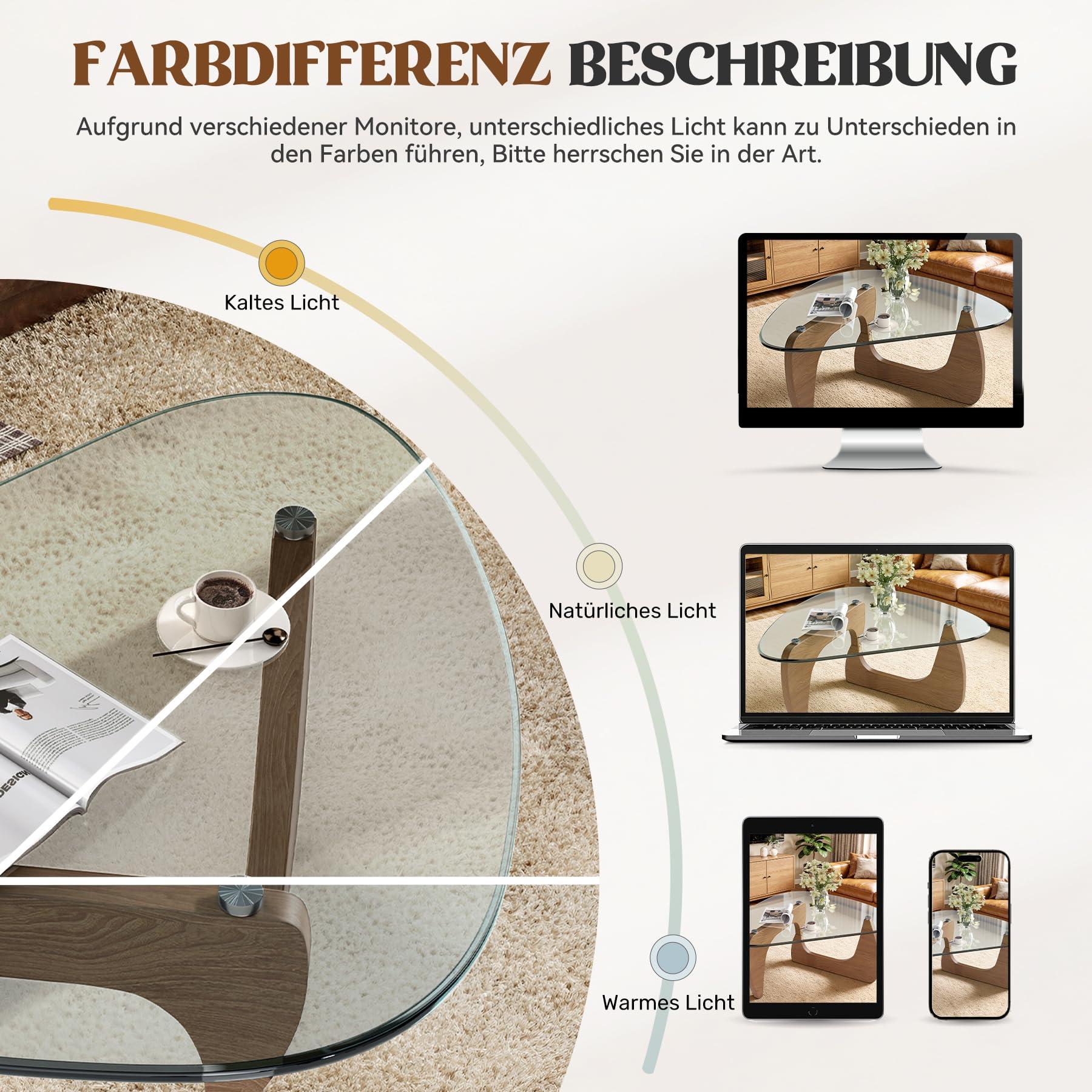 Beistelltisch Dreieckig Couchtisch Glas Transparent, Wohnzimmertisch im Skandinavischen Design, MDF Holz Beine Naturholz-Farbe, 90x60x43cm, Moderner Kaffeetisch Sofatisch Glastisch