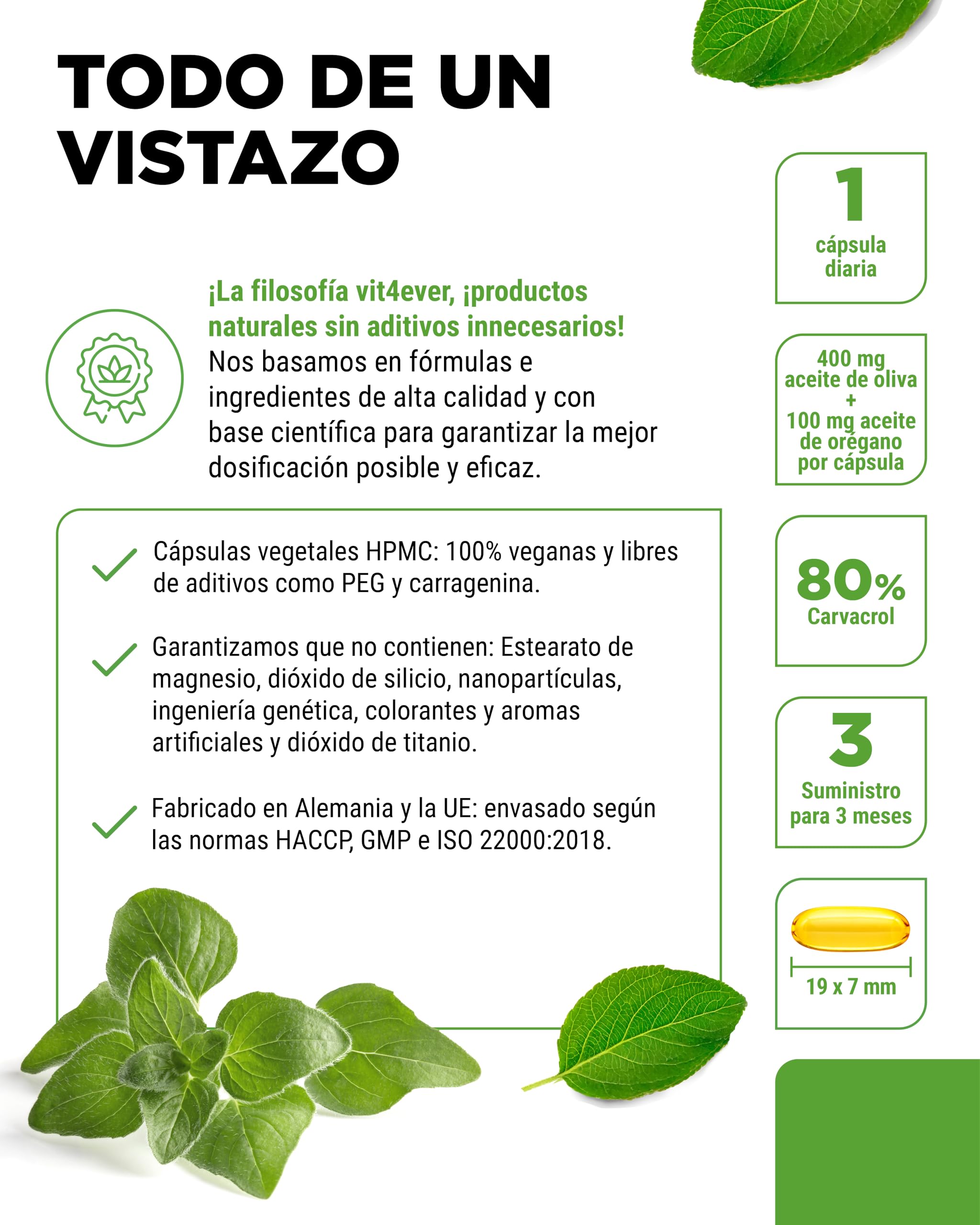 Aceite de orégano ecológico y carvacrol 80 mg - 90 cápsulas con aceite de oliva virgen de cultivo controlado - Orégano griego alta dosis - Vegano