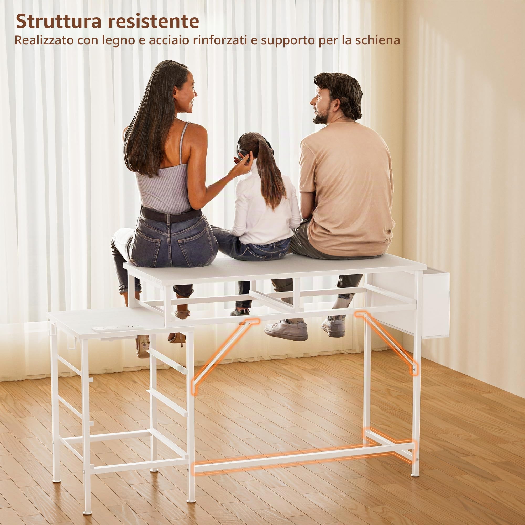 Scrivania per computer, Scrivania Ufficio con 5 Tessuto Cassetti, scrivania con Presa di Corrente, 2 Prese CA, 2 Porte USB, per Tastiera Ufficio Casa, Bianco 130 x45x78cm