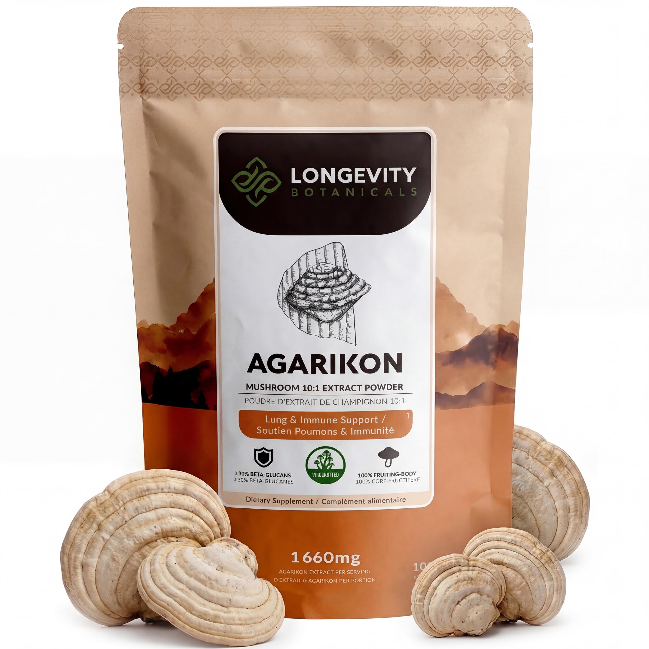 Longevity Botanicals Suplemento de Cogumelo Agarikon Orgânico em Pó, Extrato de Fomitopsis officinalis, 30% beta-D-glucanos, 100 g