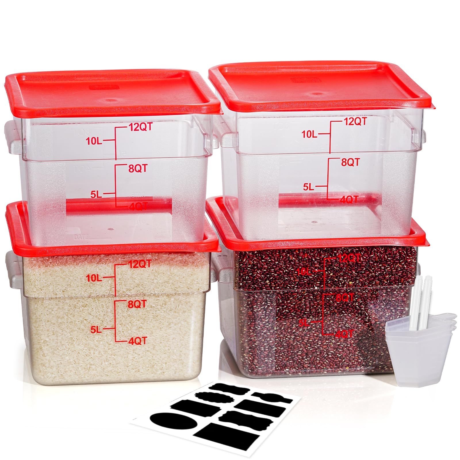 12QT 4PCS NSF Commercial Clear Food Storage Containers with Lids(RED)
