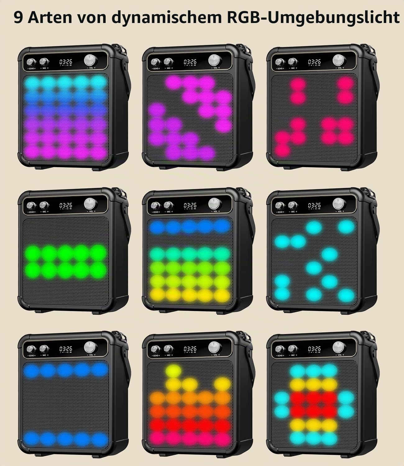 Karaoke Maschine mit 2 Mikrofonen, tragbarer Bluetooth Karaoke System mit LED Lichtern, Stereo TWS, unterstützt USB/TF/AUX, ideal für Home Partys und als Geschenk für Erwachsene und Kinder