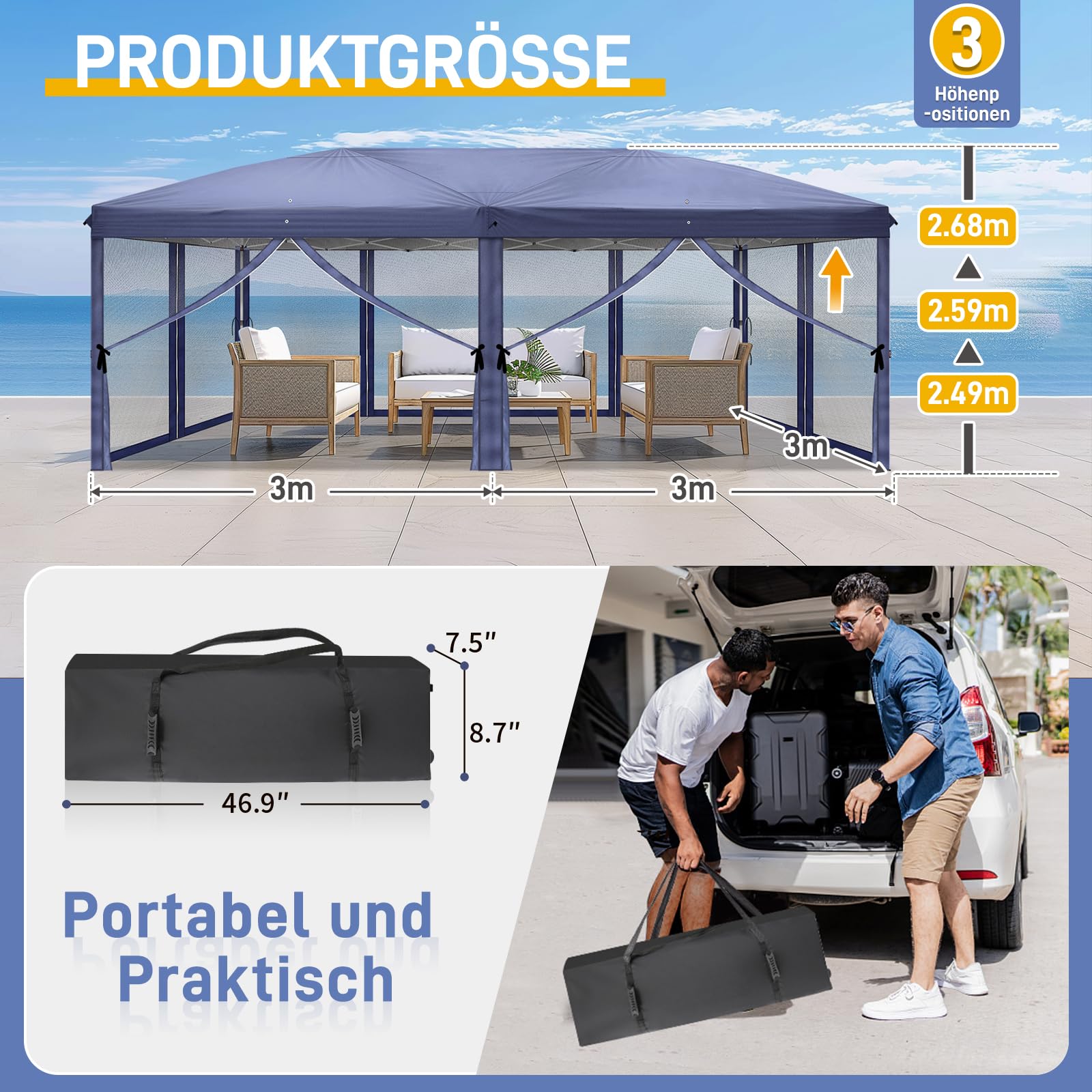 LEADZM - Carpa plegable 3 x 6 m - Impermeable - Protección UV 50+ - Ajustable en altura con 6 mosquiteros - Estable - Ideal para jardín, terraza, camping y uso comercial - Azul