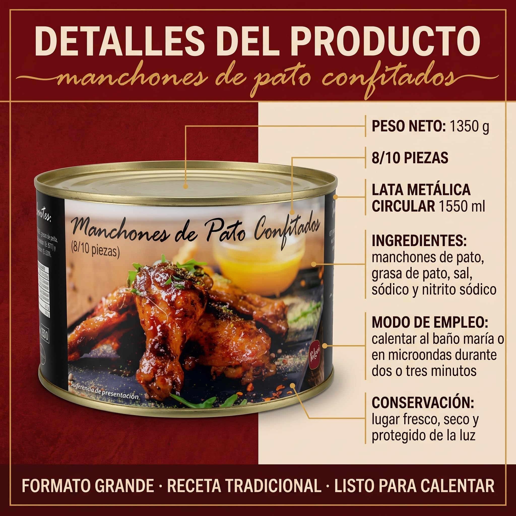 POLGRI Confit de Pato Manchones Lata 1350 g 8/10 Unidades Conserva Gourmet