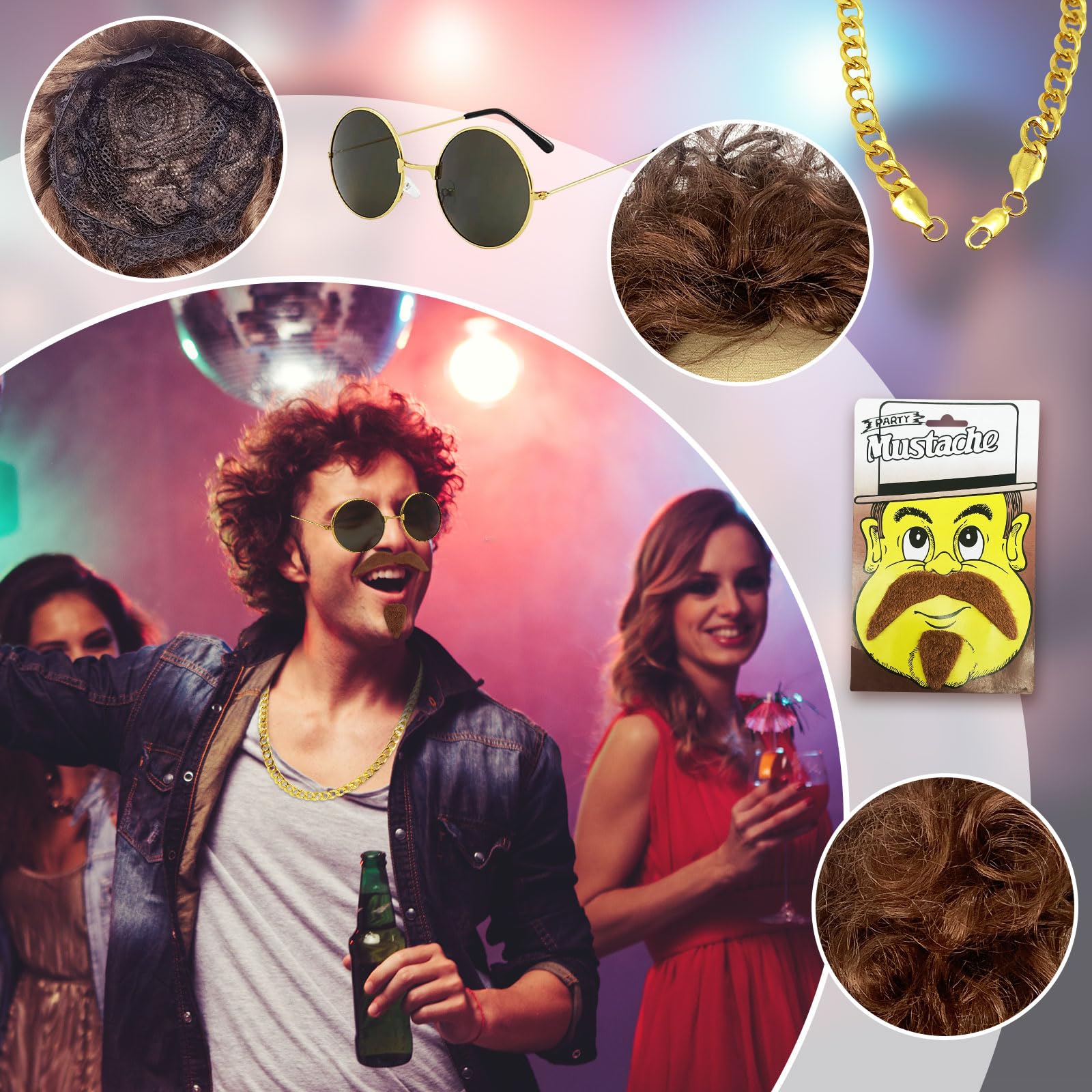 UILYNIU Brown Curly Wig Men with Moustache Sunglasses and Necklaces - Image 4