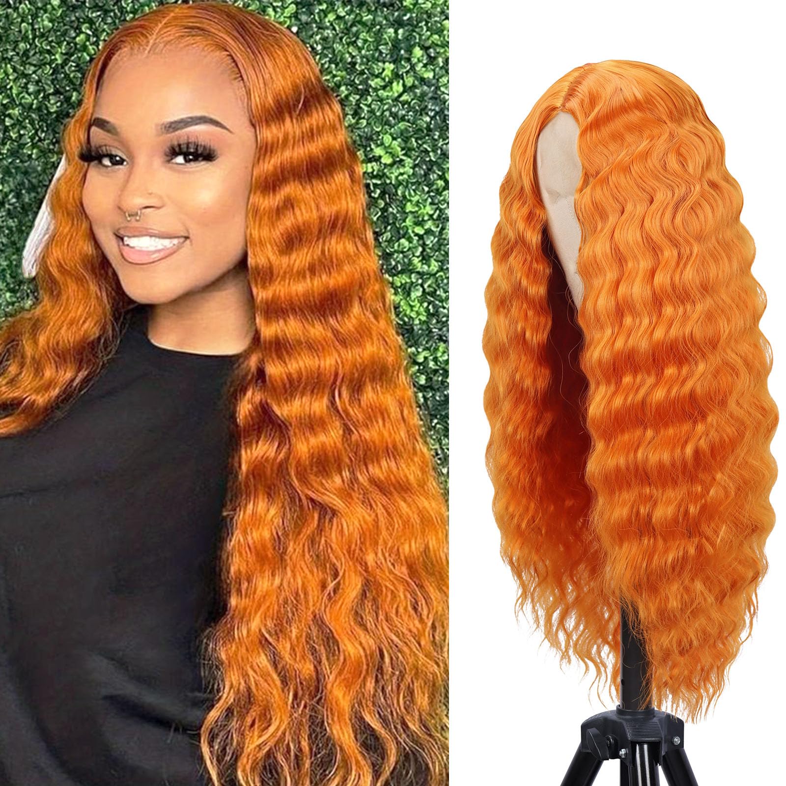 Mairead 28 Inch Long Curly Synthetic Lace Front Wig Orange Ginger Deep Wave Synthetic Wigs for Black Women 4'' Simulated Scalp Middle Part Natural