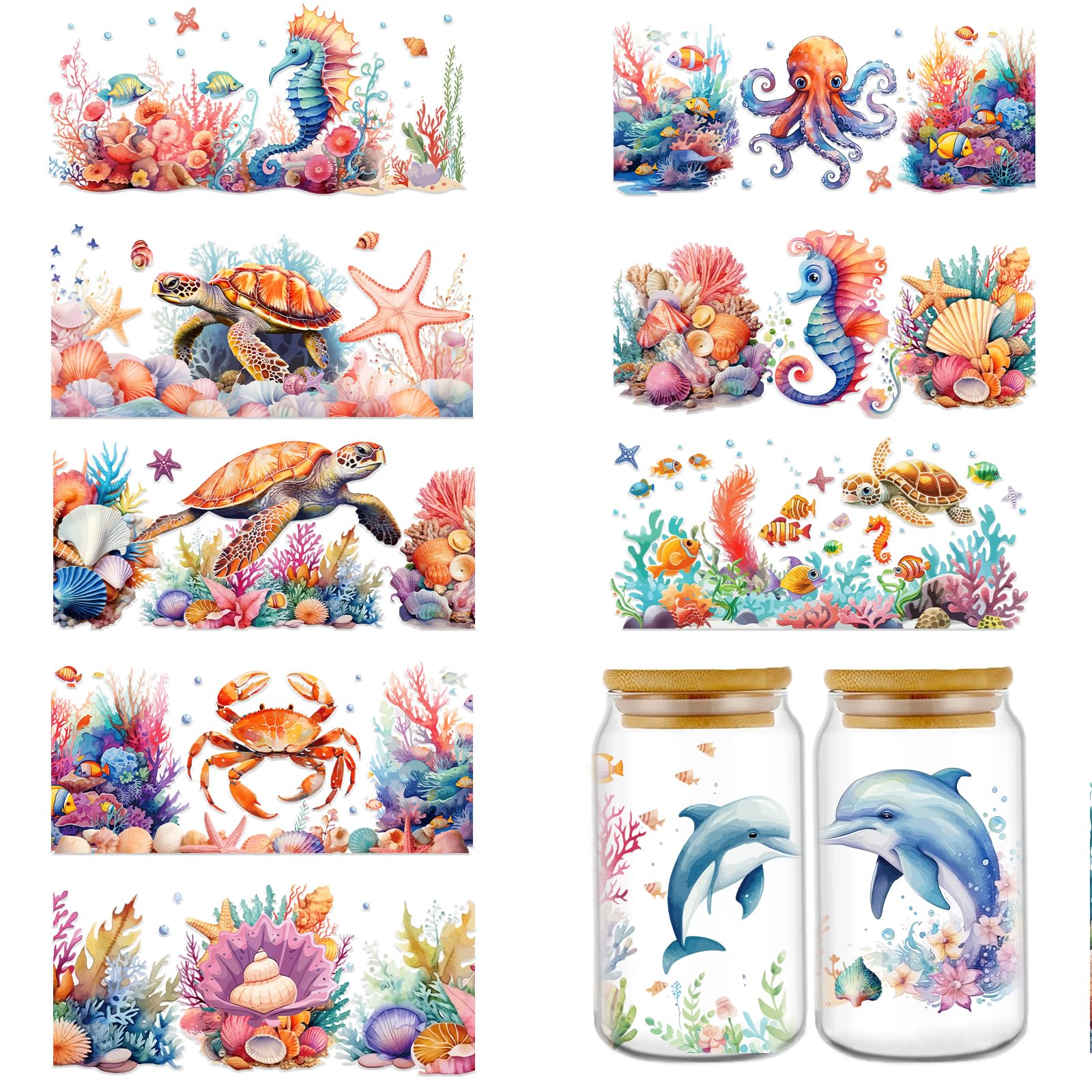 Rngmsi UV DTF Cup Wrap - 10 Sheets Sea Animal UV DTF Cup Wraps for 16 oz Turtle Seahorse Octopus Crab Uvdtf Cup Wraps Waterproof Personalized UV DTF