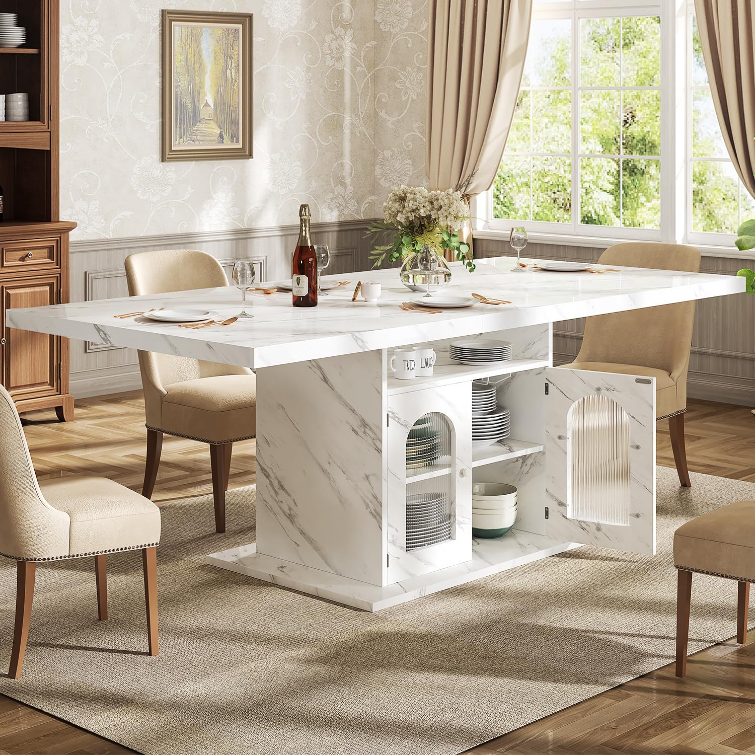 HSH Dining Table for 4–6, 63" Modern Kitchen Dining Room Table with Storage Shelves & Acrylic Door Cabinet,Wood Rectangle Dinner Table with Faux Marble Top for Home Apartment, White Faux Marble