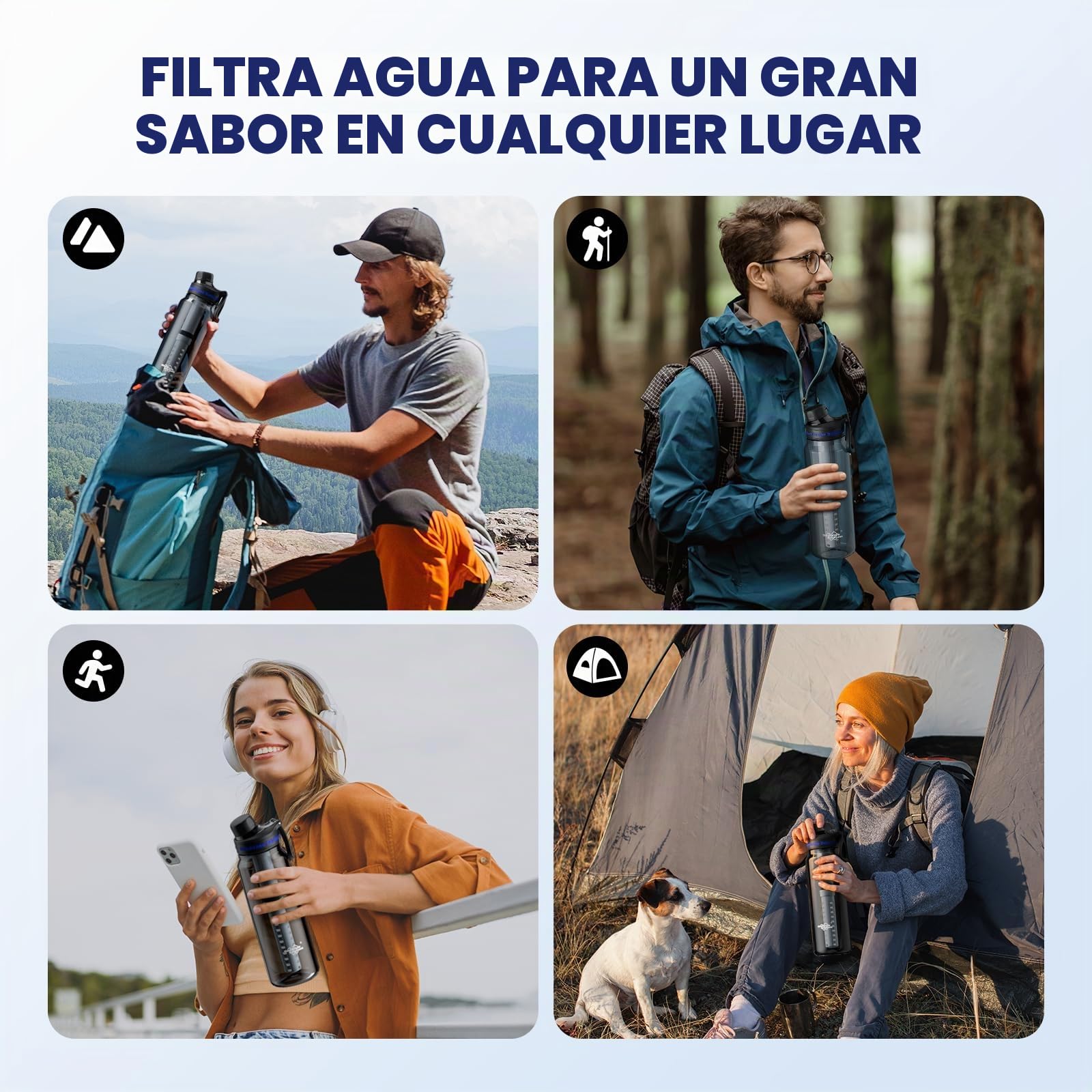 Membrane Solutions Botella de Filtro de Agua Supervivencia de 1L(36 oz) con Cartucho de Filtro ACF + UF, Elimina el 99,9999% de E.coli, Precisión de 0,1 μm, sin BPA, Emergencia, Camping, Gris