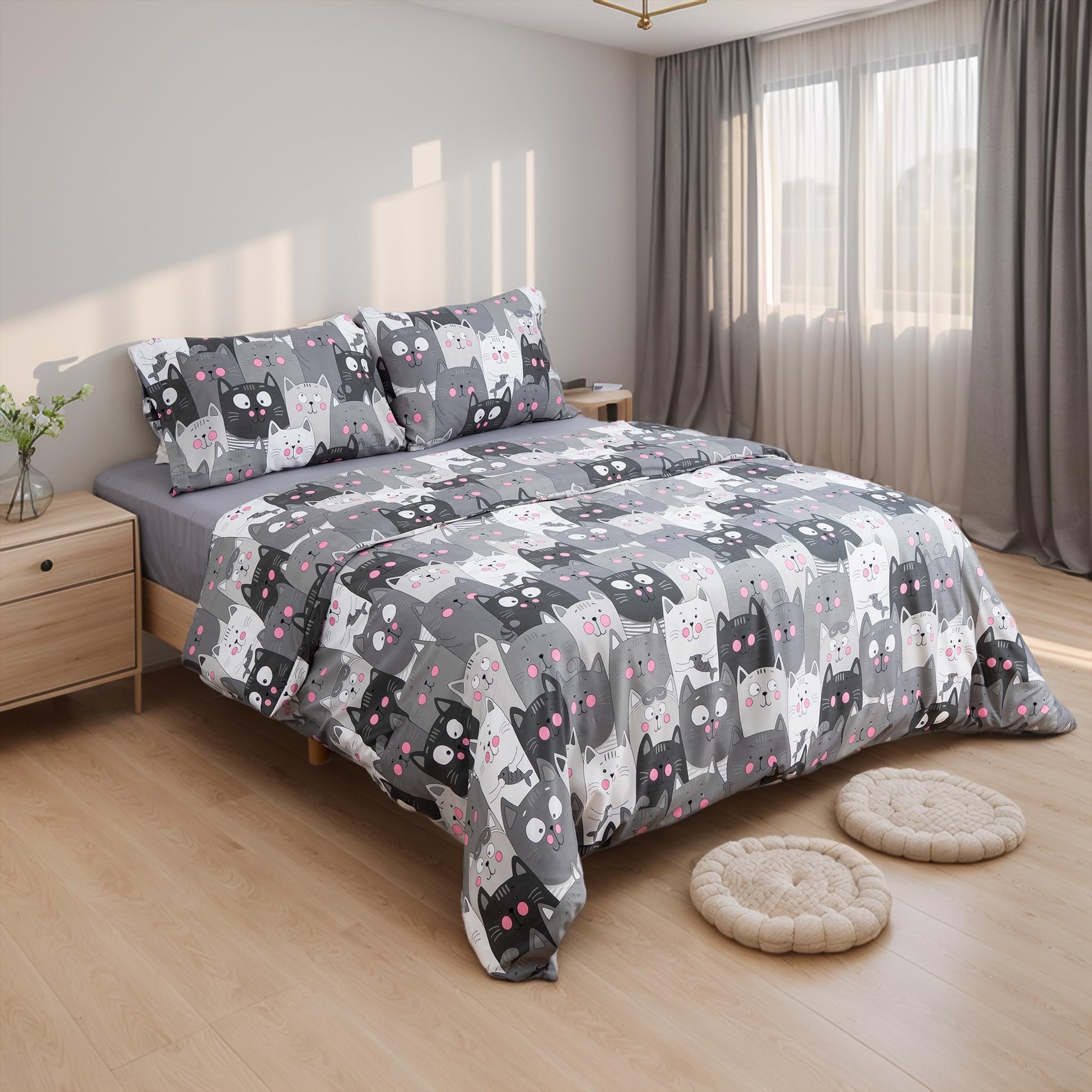H HANSEL HOME 3-Piece Microfibre Duvet Cover Set for 90 cm Bed, Soft, Breathable, Includes 1 Duvet Cover 150 x 220 cm, 1 Fitted Sheet 90 x 200+28 cm, 1 Duvet Cover 50 x 110 cm - Cats