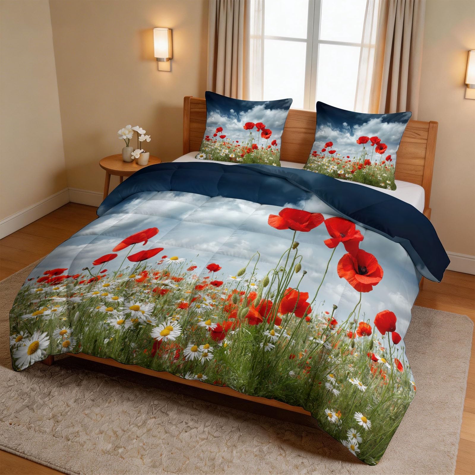 3-teiliges Steppdecken-Set 135 x 200 cm - Atmungsaktive Ganzjahresdecke Steppdecke, Wendedesign Bettdecke mit 2 Kissenbezügen - Pflegeleichte & Weiche, Mehrfarbig Natur Landschaft Blumen Feld