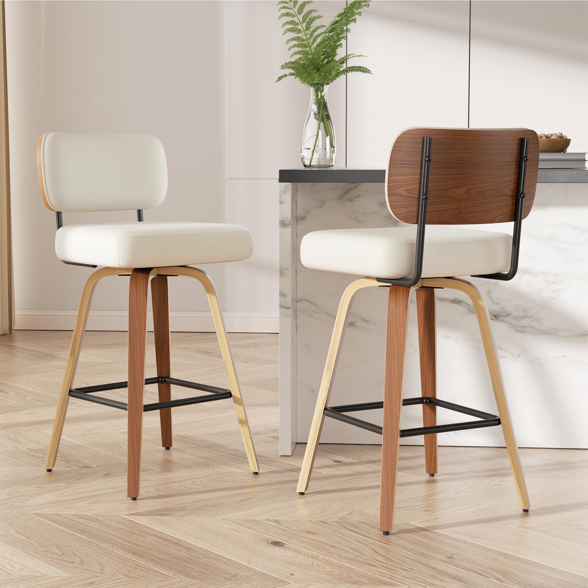Swivel Bar Stools Set of 2, 26" Upholstered Faux Leather Counter Height Barstools with Walnut Back & Bentwood Legs, Mid Century Modern Bar Chairs Island Stools for Kitchen Counter, Beige