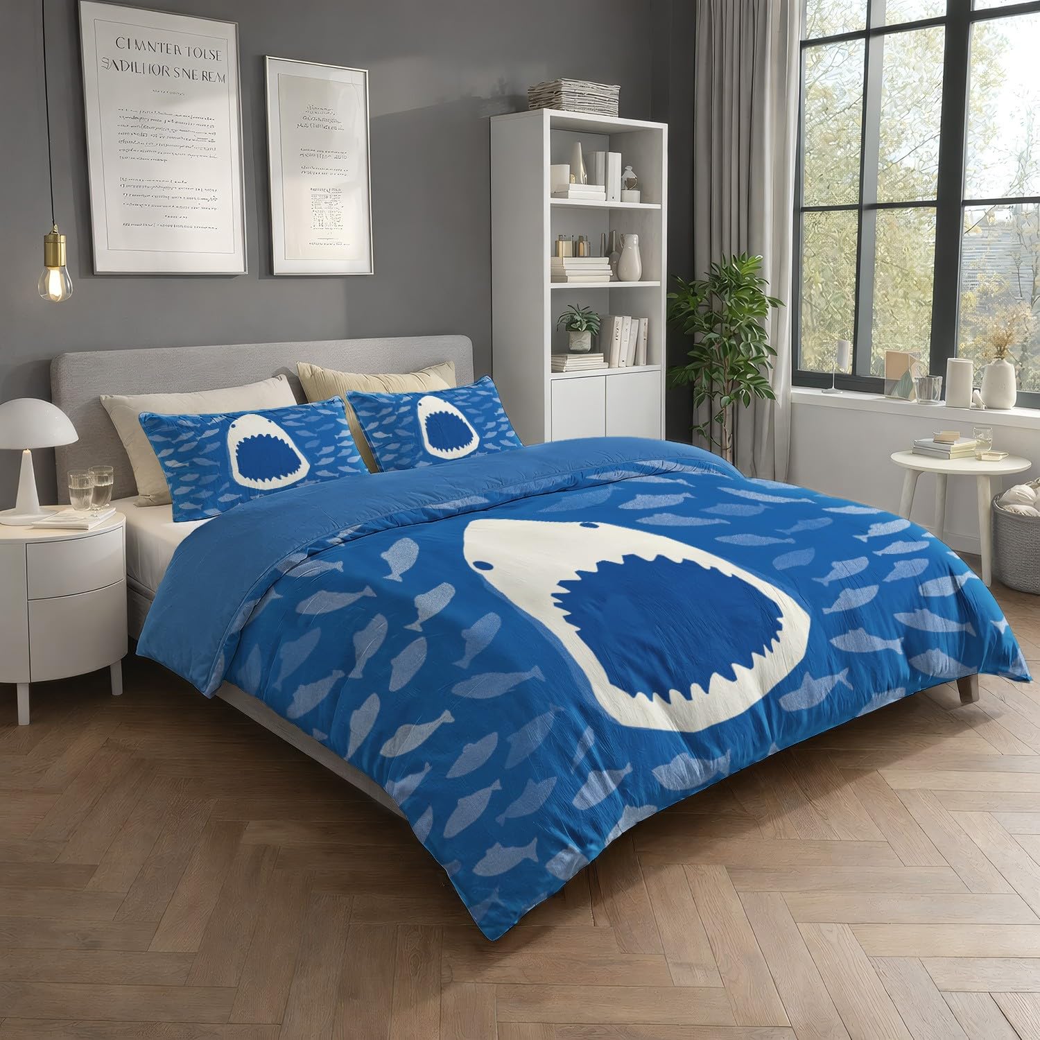 Funda Nordica Cama 90 Ropa de Cama Dibujos Animados Animales Tiburón de Compañía 2 pezzi Suave Reversible Microfibra por Funda Nórdica 135 x 200 cm + Fundas de Almohada 50x75 Azul