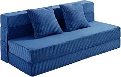 JKMAX Sofá-cama dobrável Queen Size - Cadeira conversível 4 em 1 com dois travesseiros - Sofá Futon de espuma viscoelástica de alta densidade - Cama dobrável para sala de estar e quarto (azul)