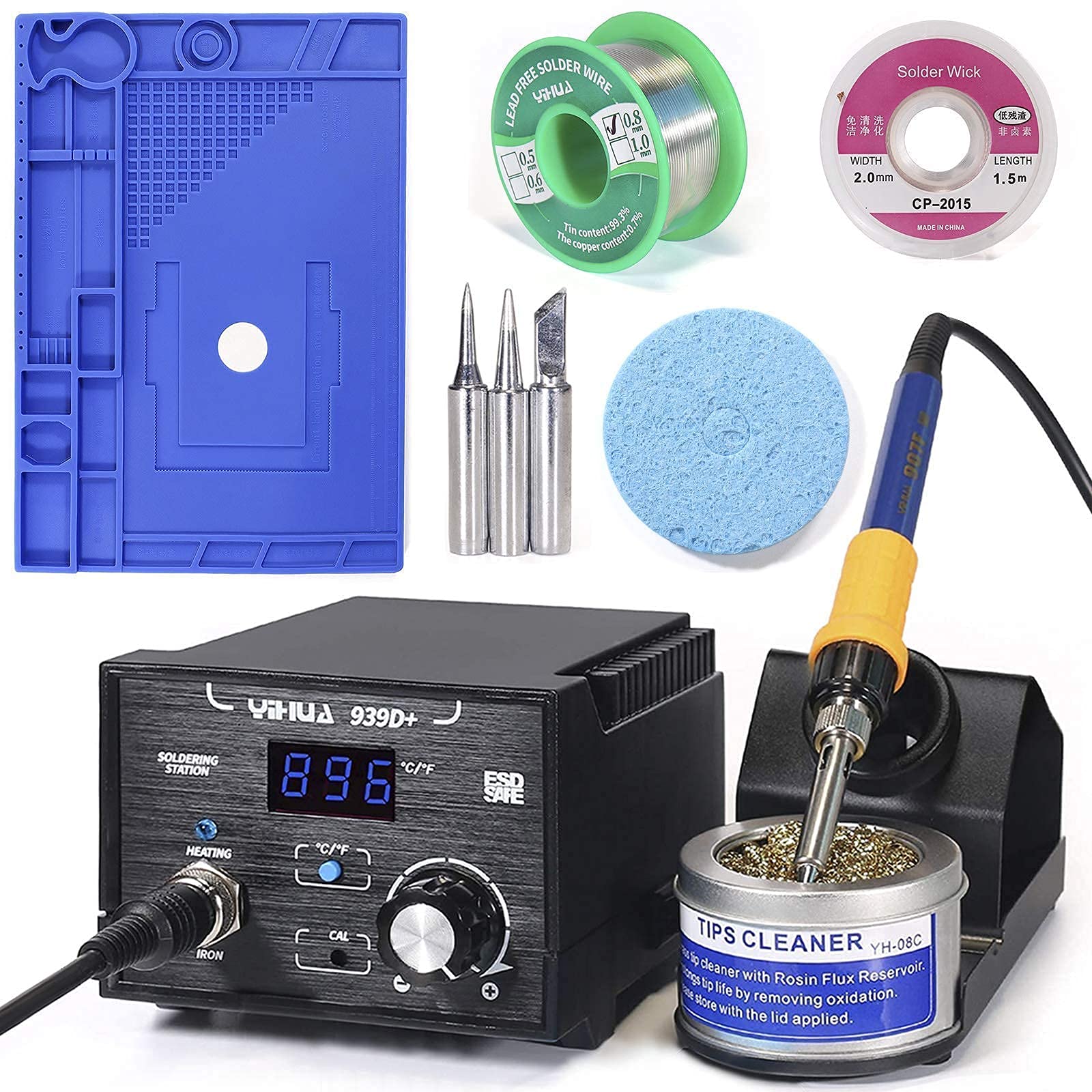 YIHUA 939D+ Professional Soldering Station bundle with 17.32" x 12.20" M180 Electronic Repair Mat Bundle with Iron holder, Soldering Cleaning Kit and Accessories (12 Items)