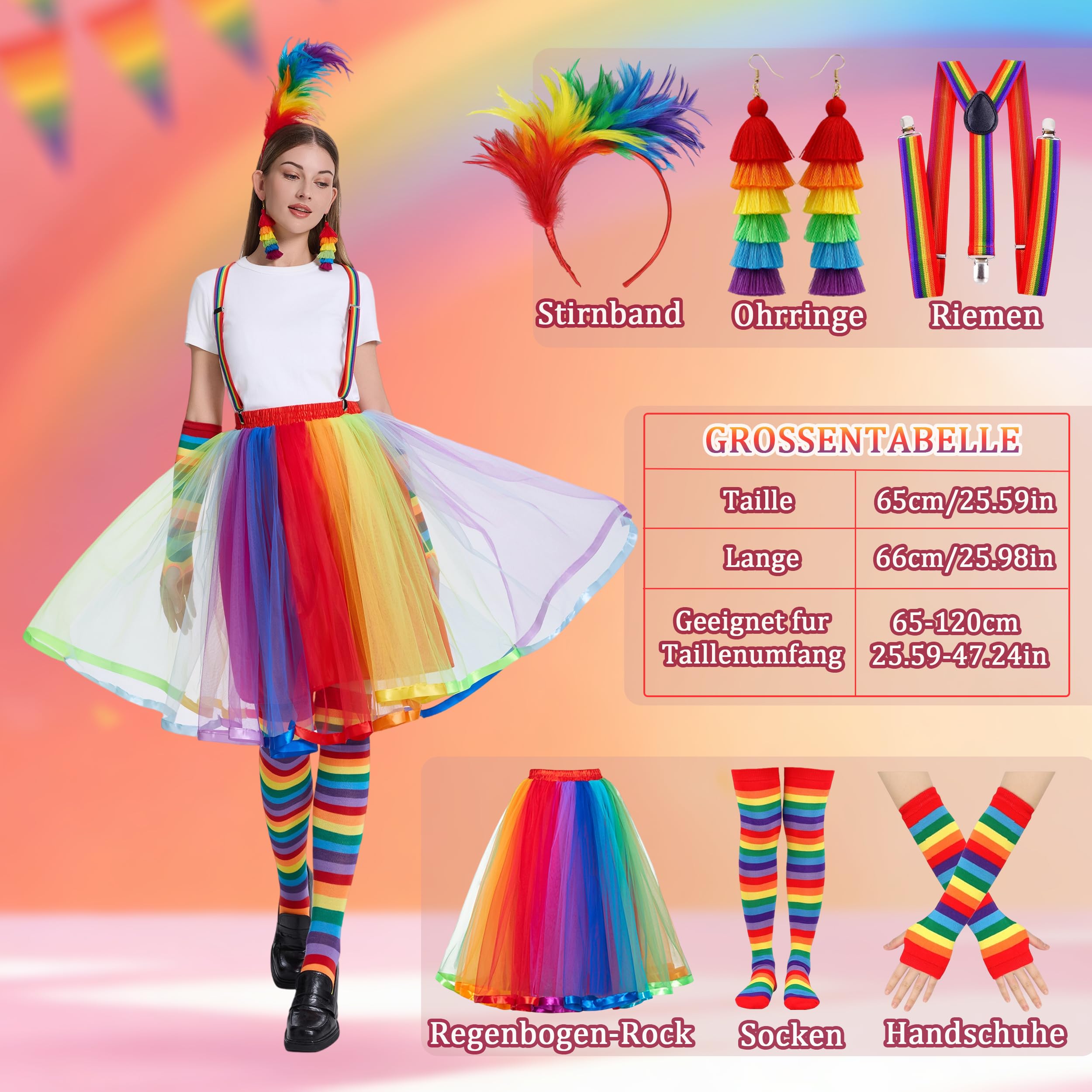 Tęczowy kostium damski, kolorowa spódnica tiulowa, tęczowa spódnica, kostium karnawałowy, akcesoria do kostiumu w stylu retro z neonowym tutu, opaska na włosy, kolczyki, strój damski z lat 80., na