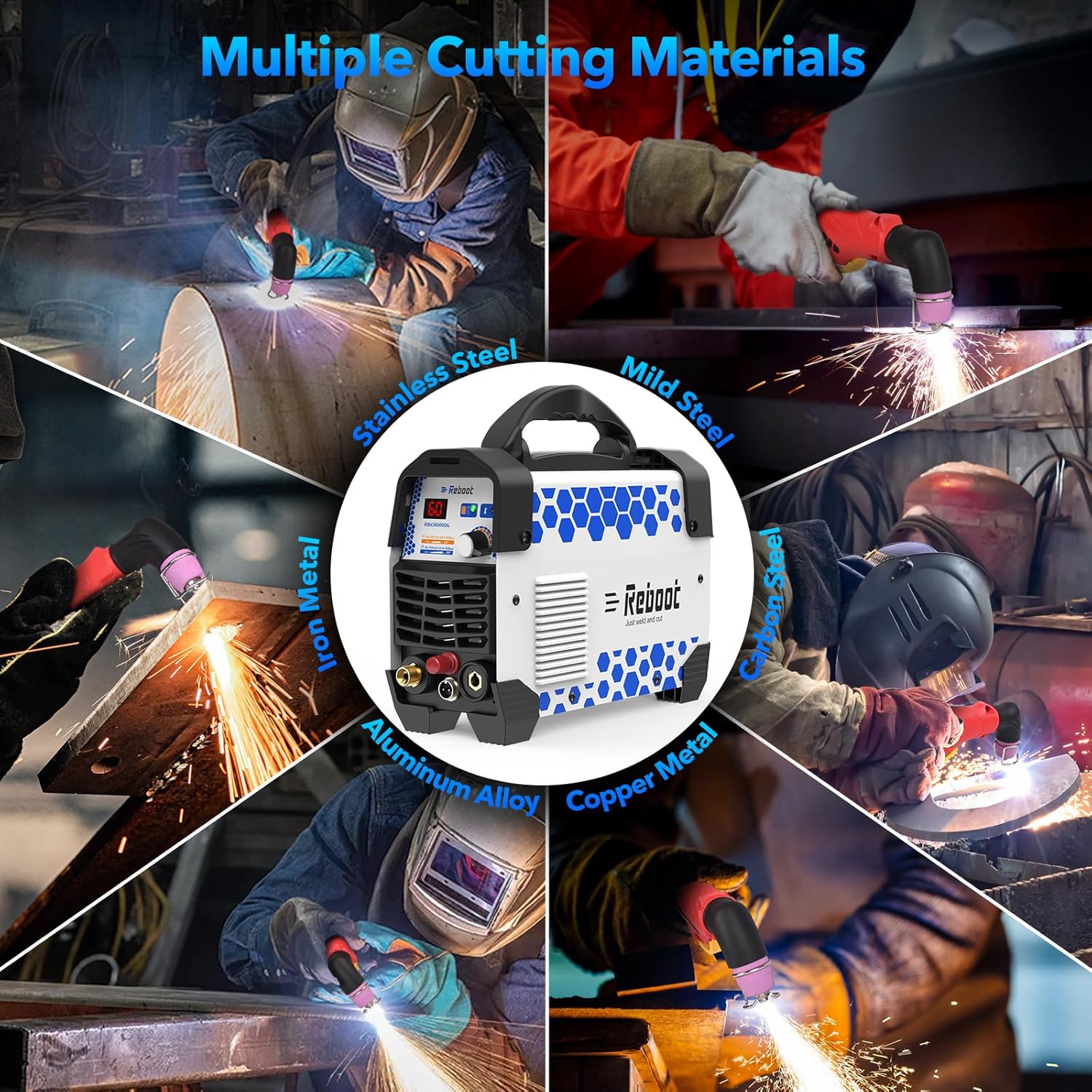 Collage showing the Reboot RBC6000DL Plasma Cutter cutting various materials