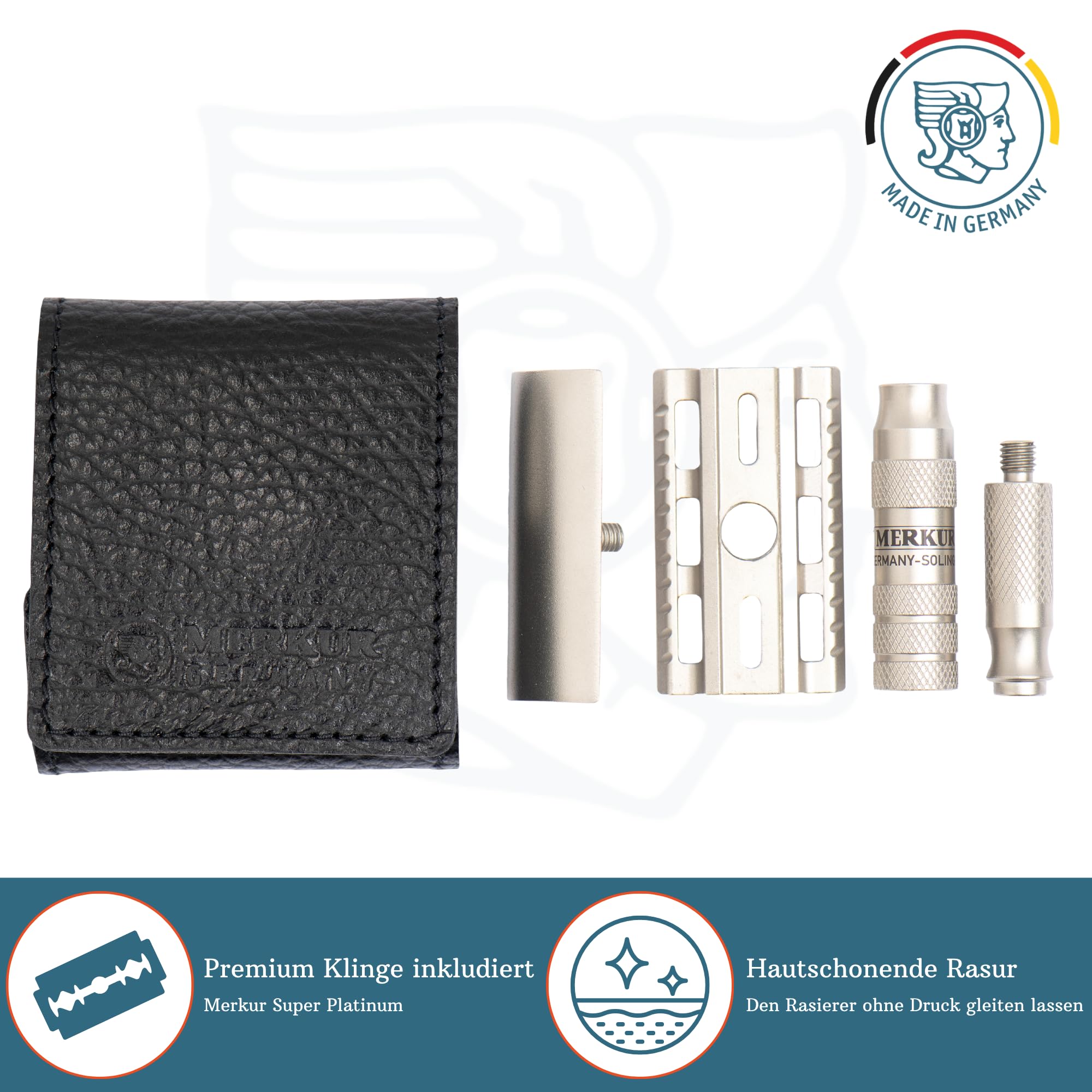 MERKUR Edelstahl Rasierhobel Set 933 INOX | Reiserasierer | inkl premium Rasierhobel und schwarzem Lederetui | Seidenmatt | Geschlossener Kamm | Zerlegbarer Griff | Made in Germany