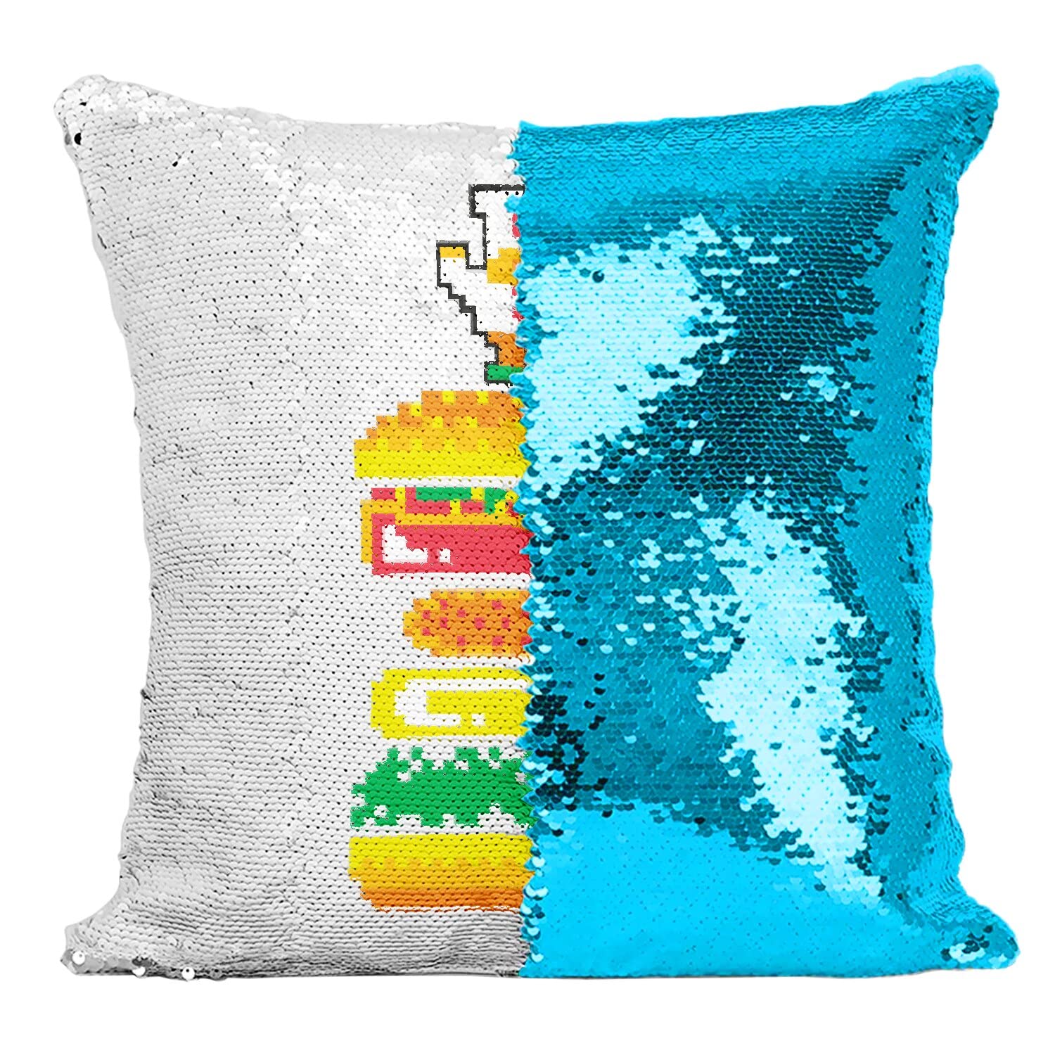 Coussin pixel art retro gaming turquoise housse sequin paillettes burger