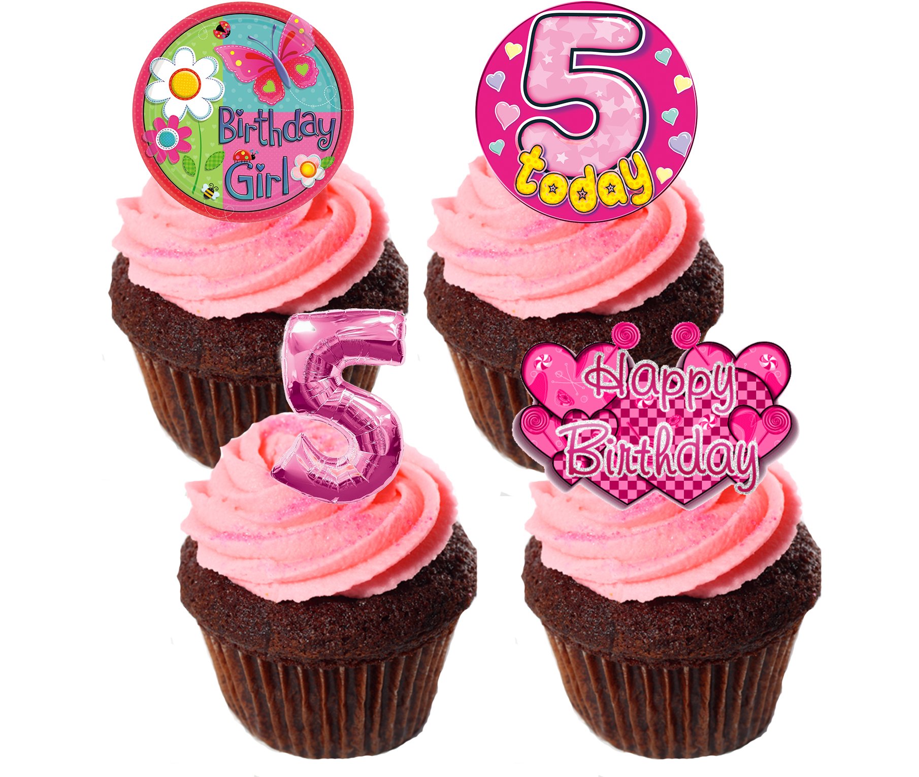 Made4you Girls Pink 5Th Birthday Edible Cupcake Toppers - Stand-Up Wafer Cake Decorations (Pack Of 24)