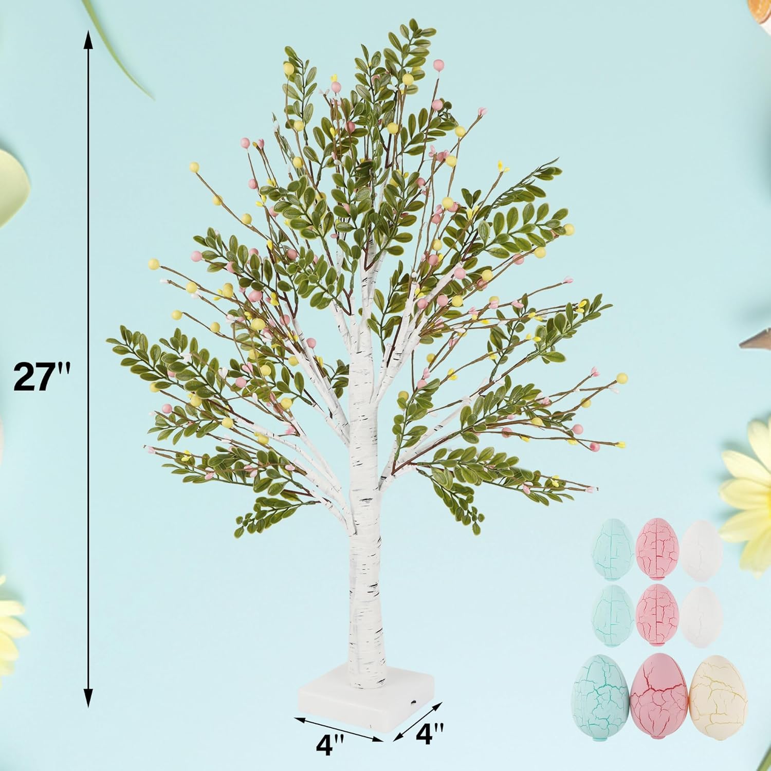 DR.DUDU 27 Inch Easter Decor for Home – 2 Pack Lighted Easter Trees, Light Up Birch Trees with Easter Egg, Tabletop Spring Decor for Mantel Indoor Office