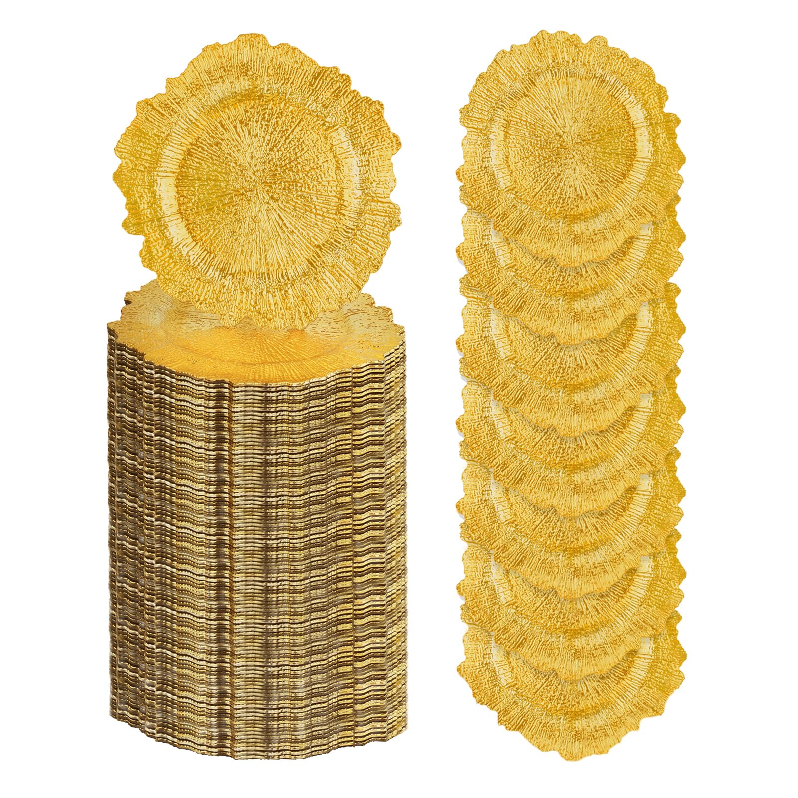 Photo 1 of osgevei 100-Piece Gold Charger Plates, 13-inch Plastic, Textured Rim