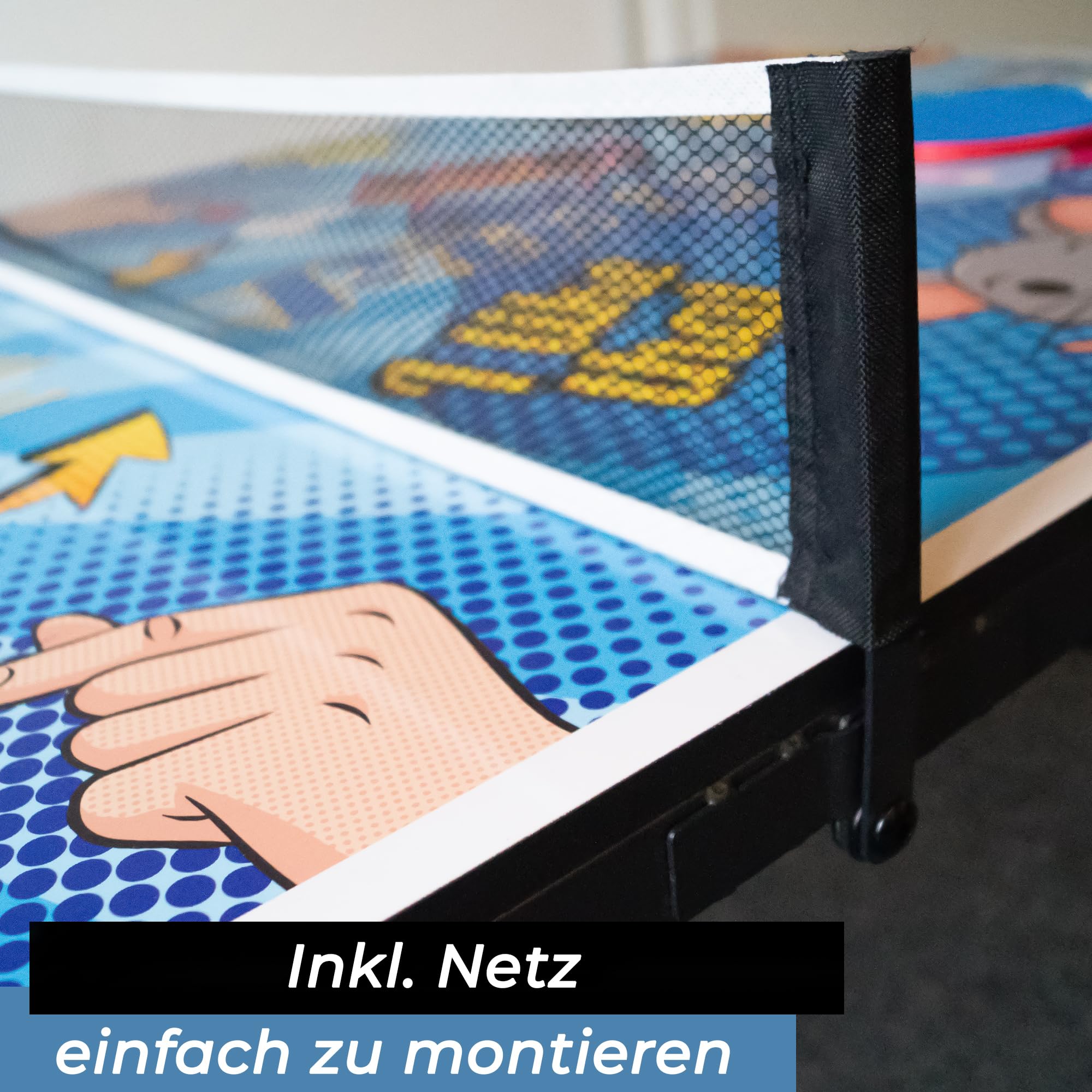 Bandito Mini tavolo da ping pong con 2 racchette e 3 palline in stile fumetto, pieghevole con maniglia per il trasporto, tavolo da ping pong di medie dimensioni, piccolo tavolo da ping pong per
