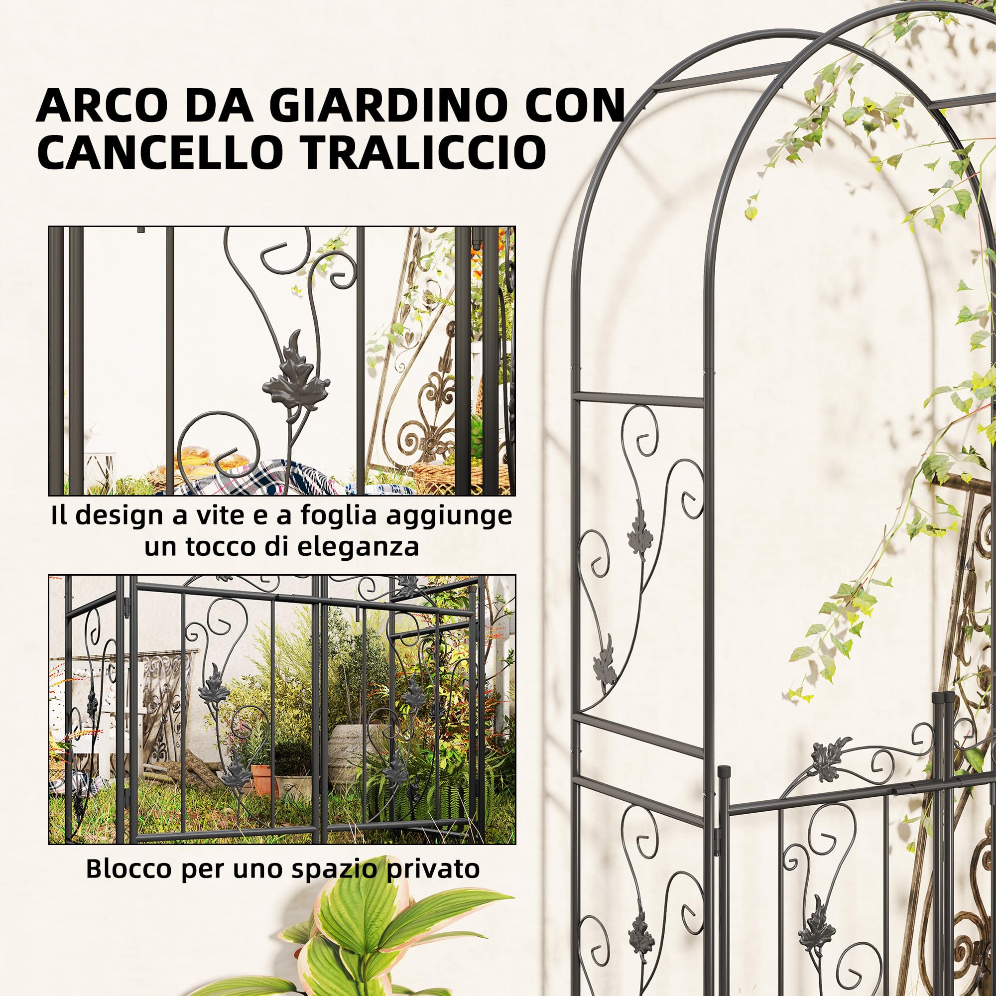 Outsunny Arco da Giardino con Cancello Traliccio per Piante Rampicanti, Archetto per Matrimoni e Feste in Metallo, 2.2x1 m, Nero