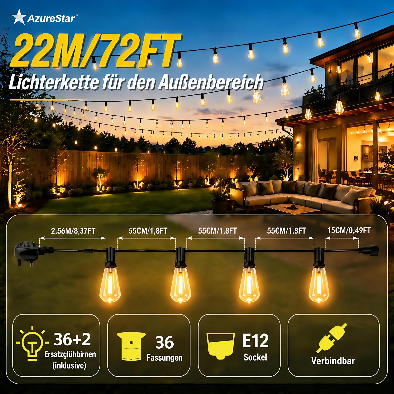 AzureStar Catena luminosa da 22 m, estendibile, a LED, per esterni, con 36 + 2 IP44, impermeabile, 2700 K, ST38, 72 m, espandibile, per esterni, giardino, alberi, terrazze, alta