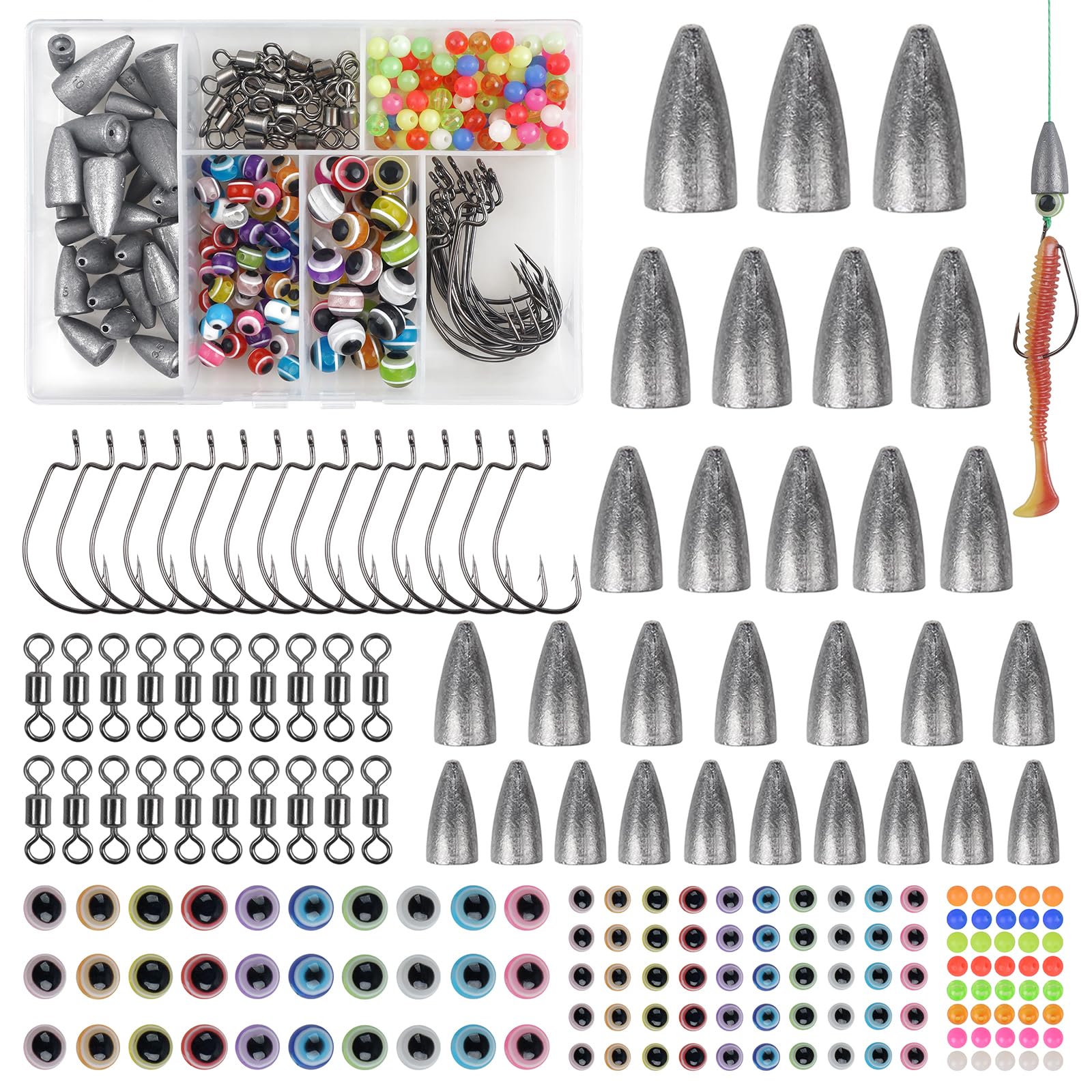 184pcs Texas and Carolina Fishing Rig Bass Fishing Bullet Sinkers Worm Weights Beads Hooks Rolling Barrel Swivels Fishing Accessories Tackle Kit